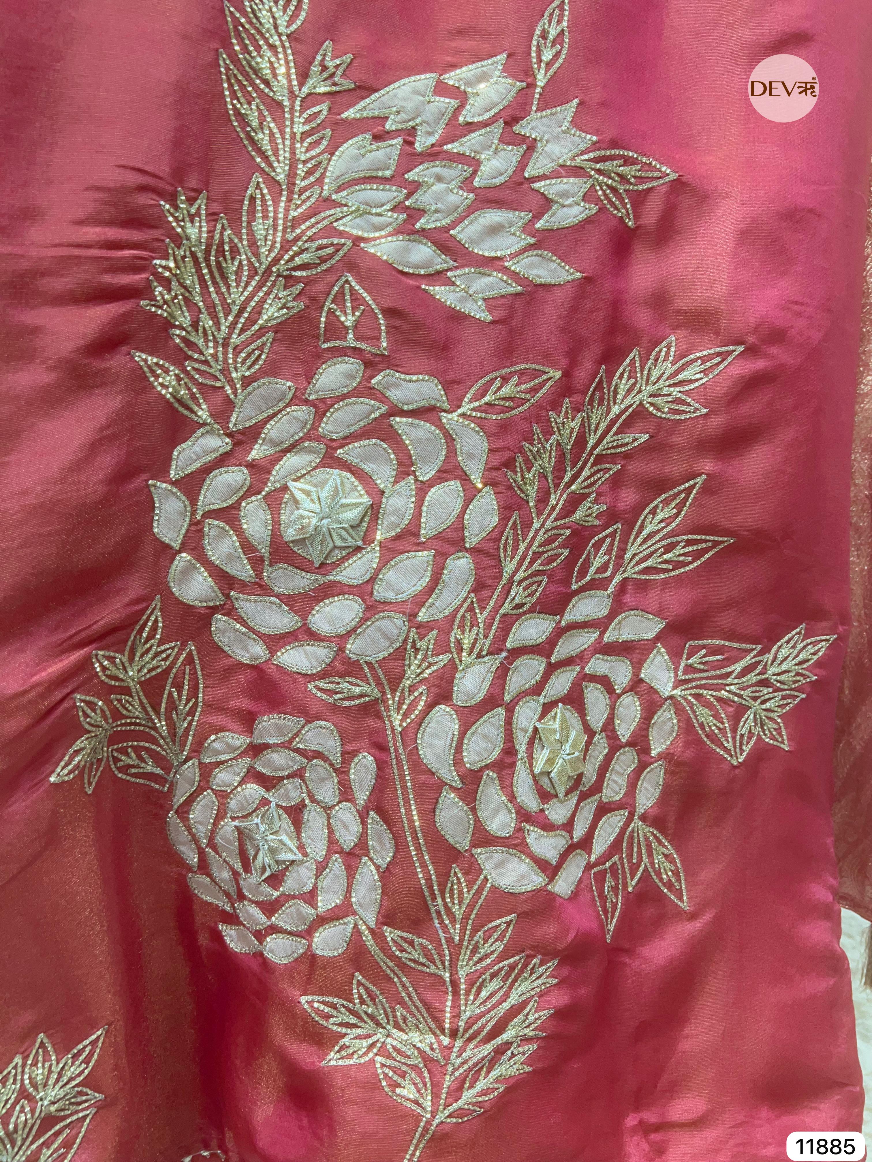 Pink Tissue Shimmer Silk Unstitched Hand Embroidered -Set Of 3 - {11885}