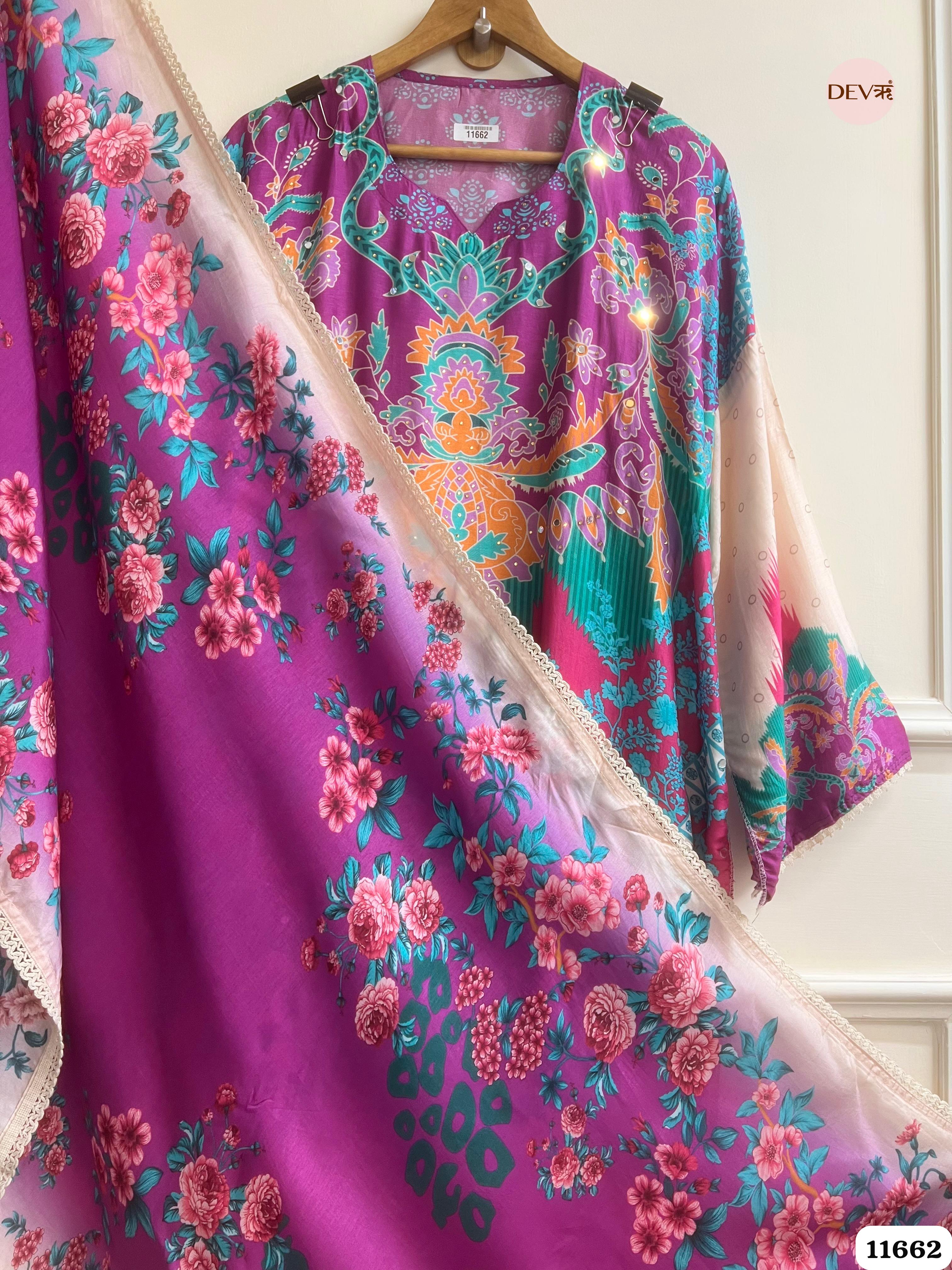 Multi Colour Russian Silk Printed Semi stitched Hand Embroidered -Set Of 3 - {11662}