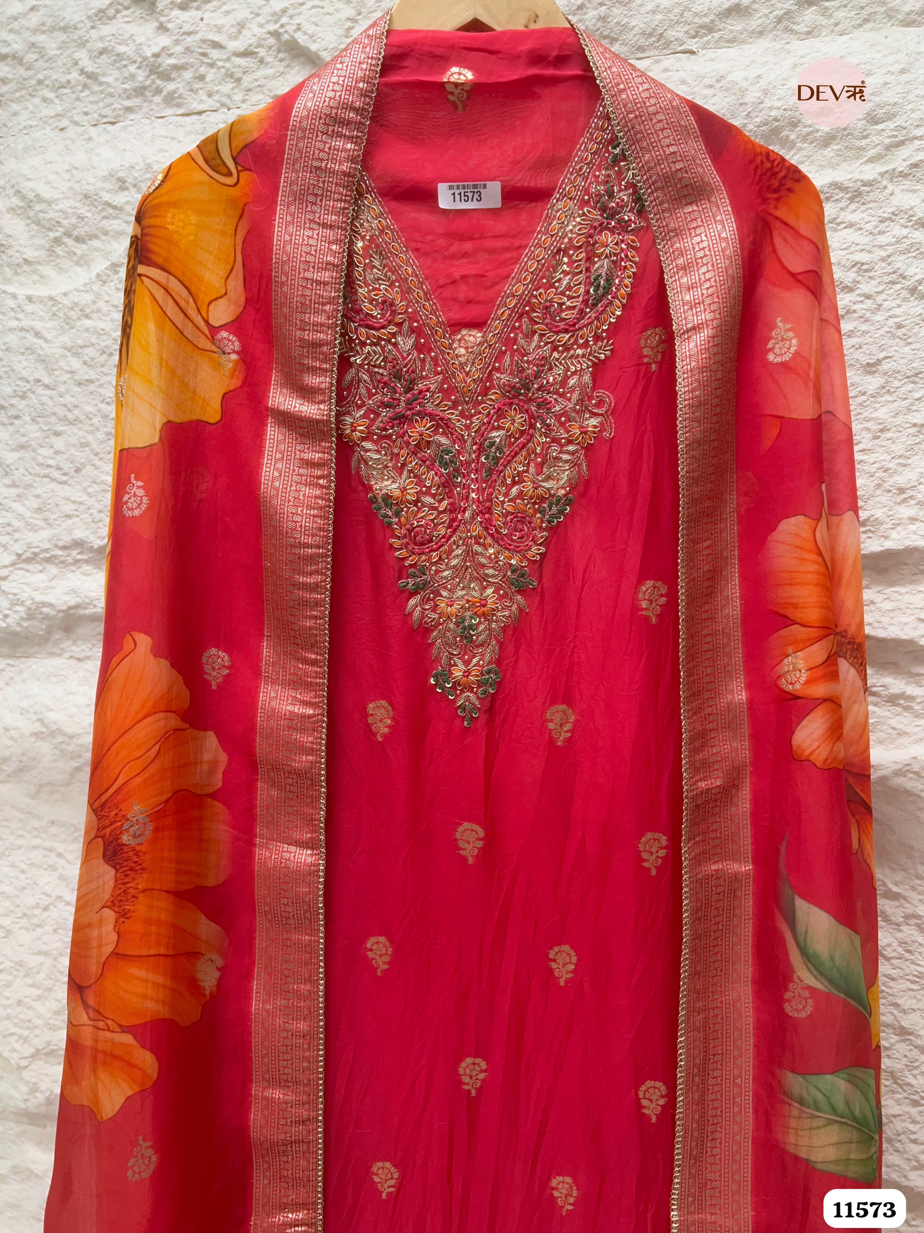 Red Pure Organza Silk Unstitched Banarasi Weave Hand Embroidered -Set Of 3 {11573}