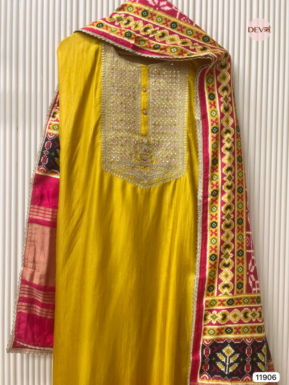Yellow Pure Russian Silk Unstitched Hand Embroidered -Set Of 3 - {11906}