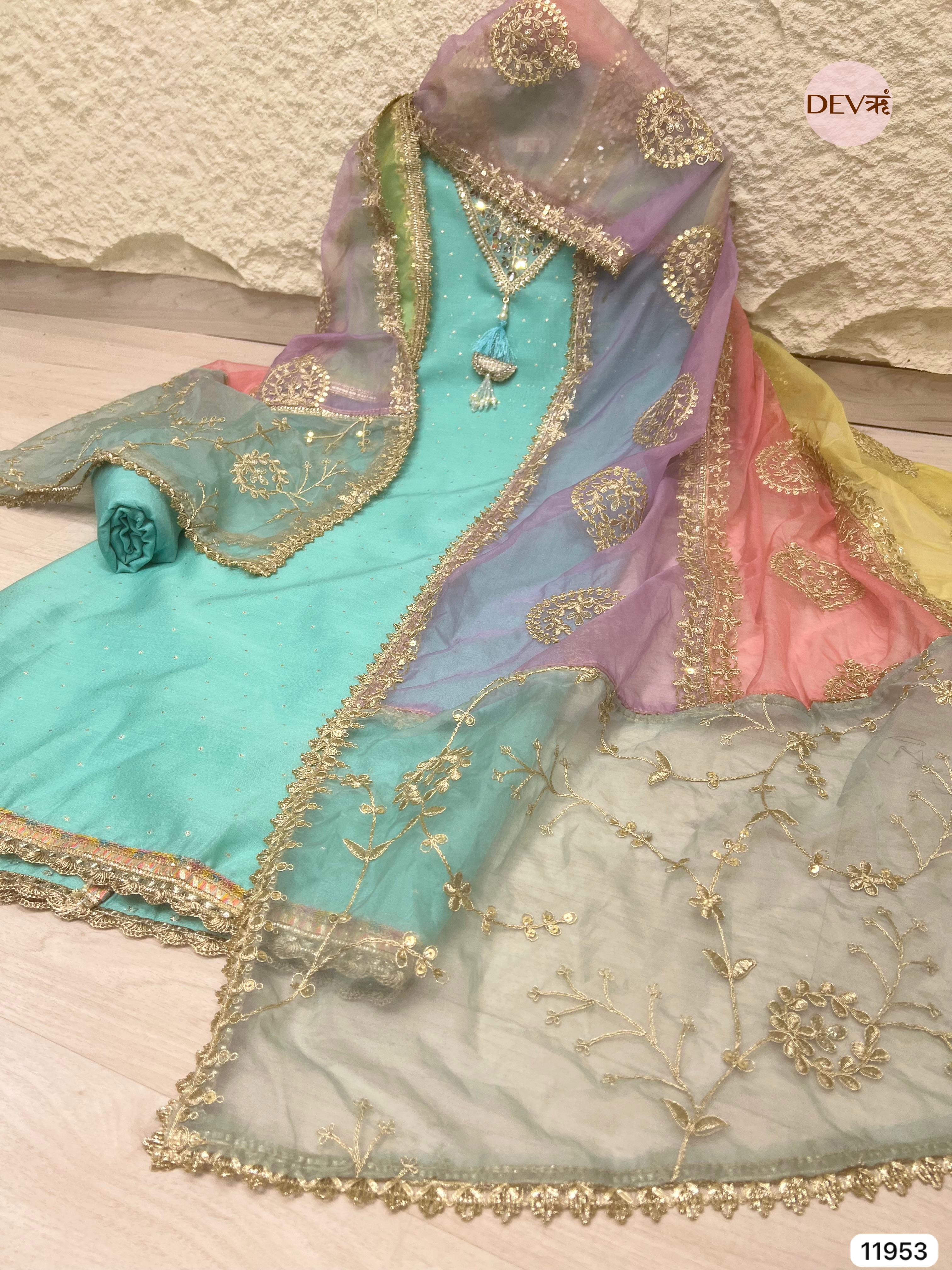 Blue Pure Shimmer Tissue Silk Unstitched Hand Embroidered -Set Of 3 - {11953}