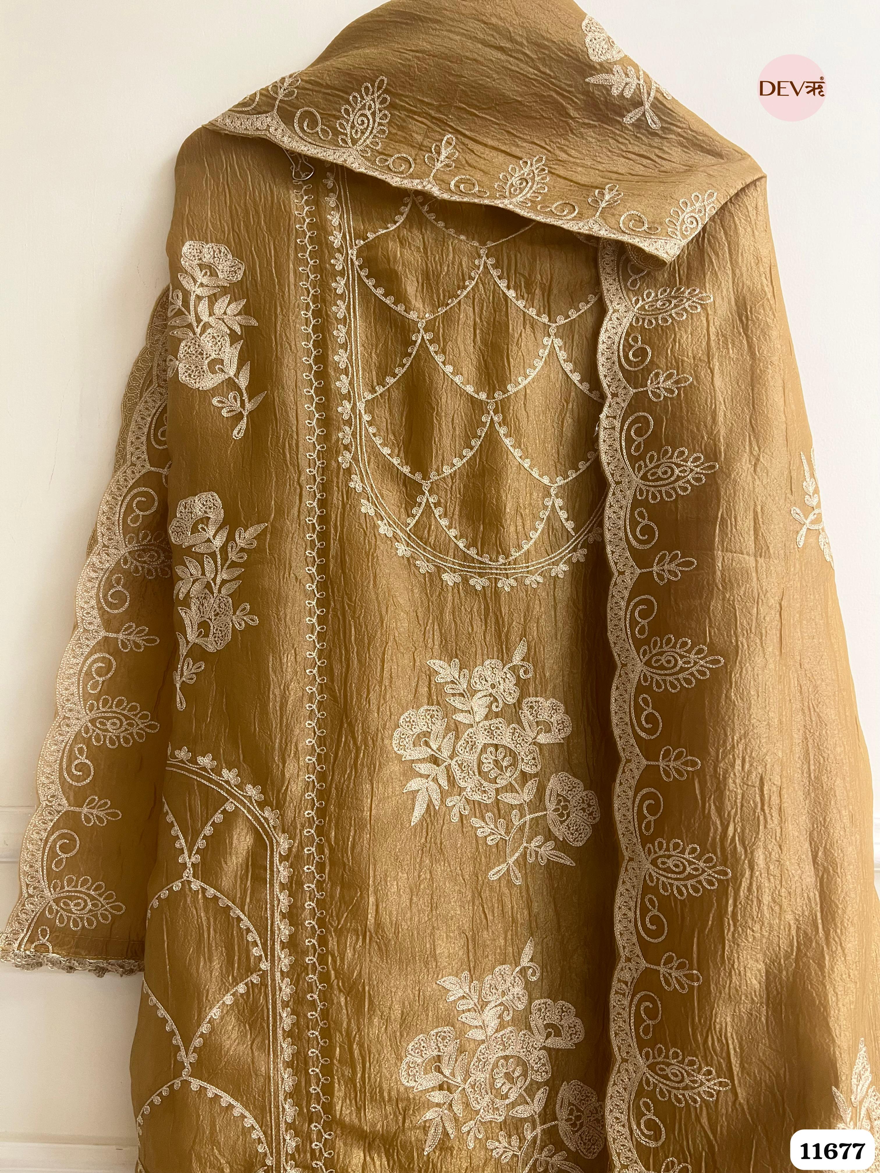 Brownish-Gold Tissue Crush Unstitched Embroidered -Set Of 3 {11677}