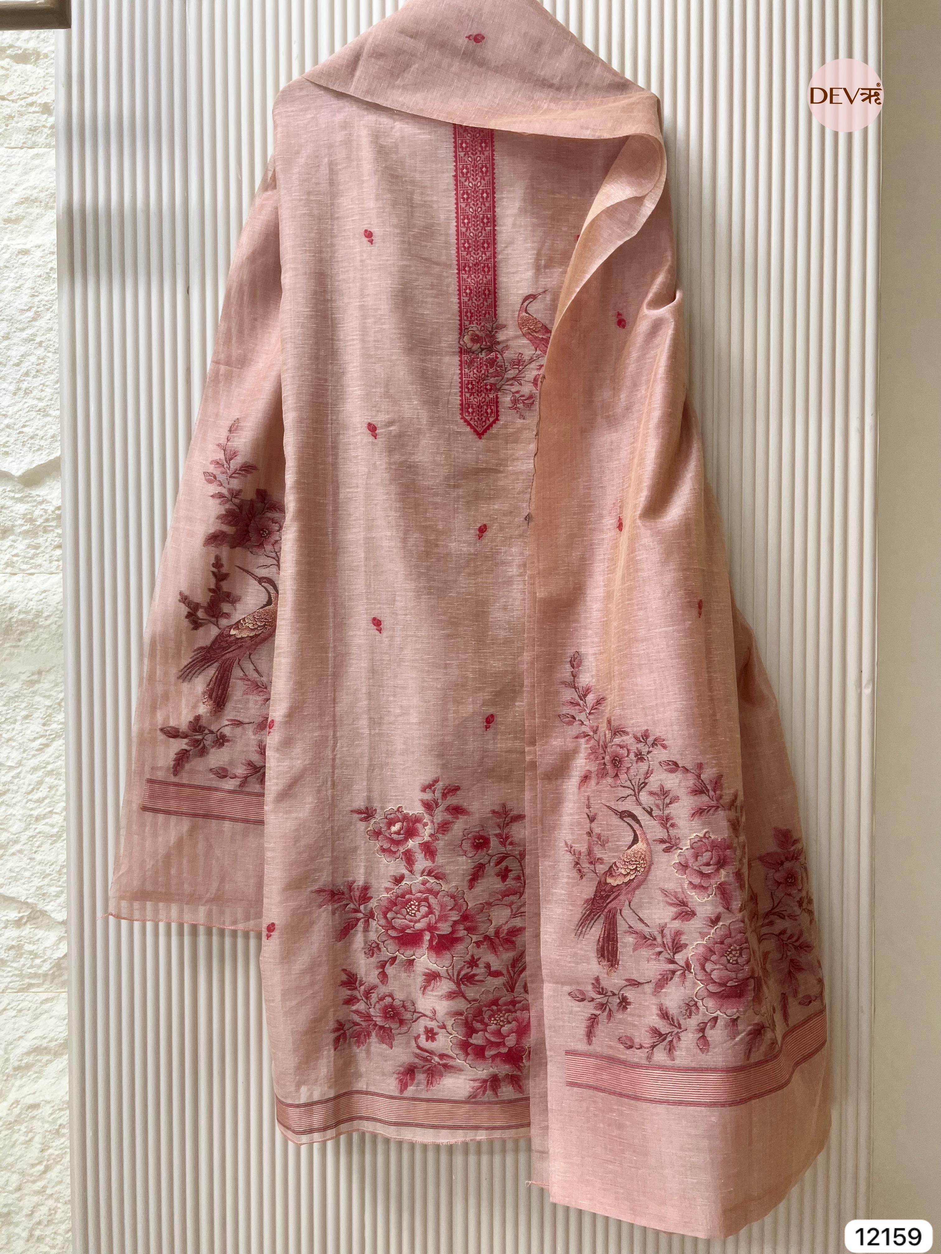 {12159} Peach Pure Jamdani Linen Unstitched - Set Of 3