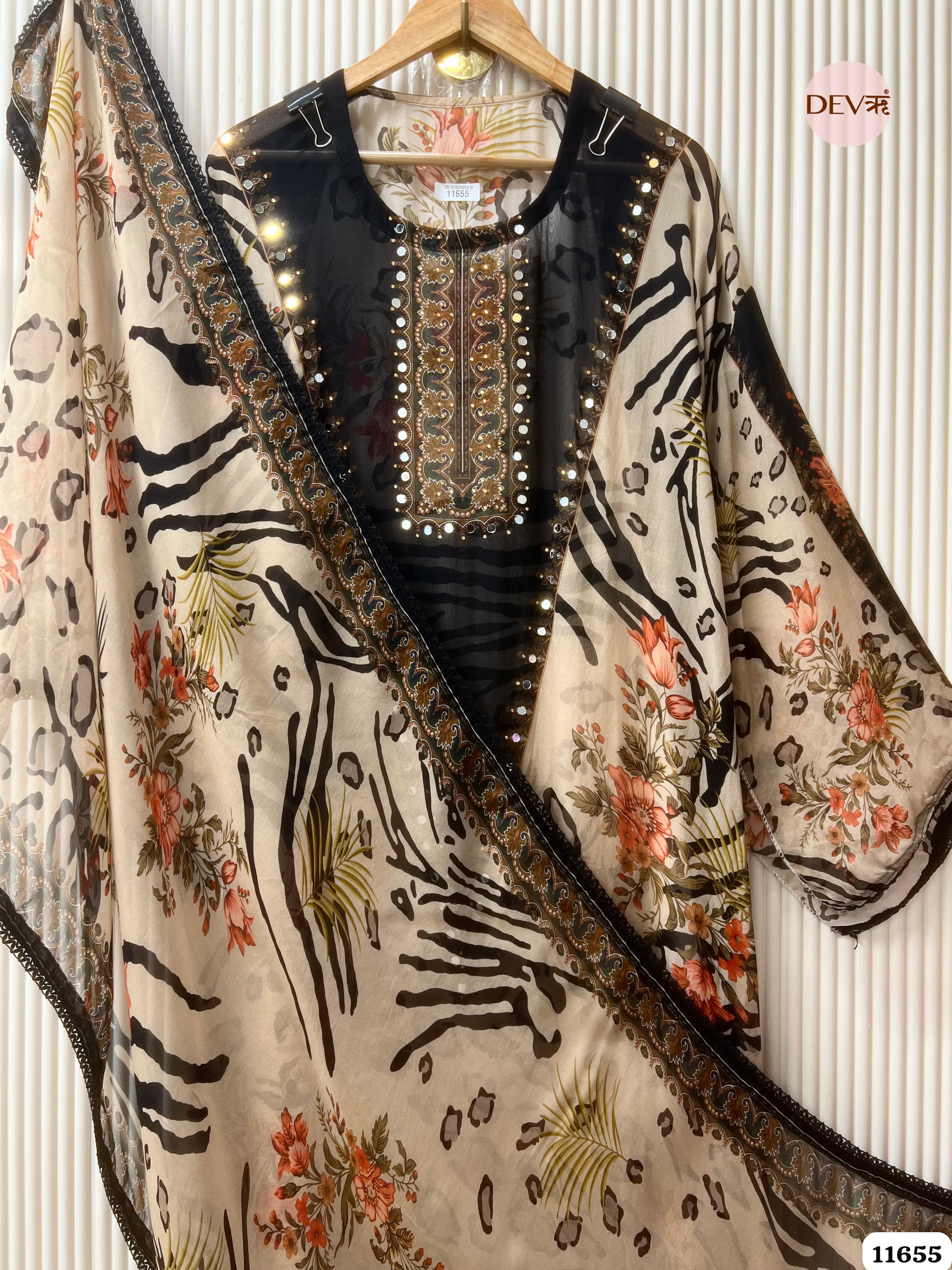 Beige Organza Printed Semi Stitched Hand Embroidered -Set Of 3 {11655}