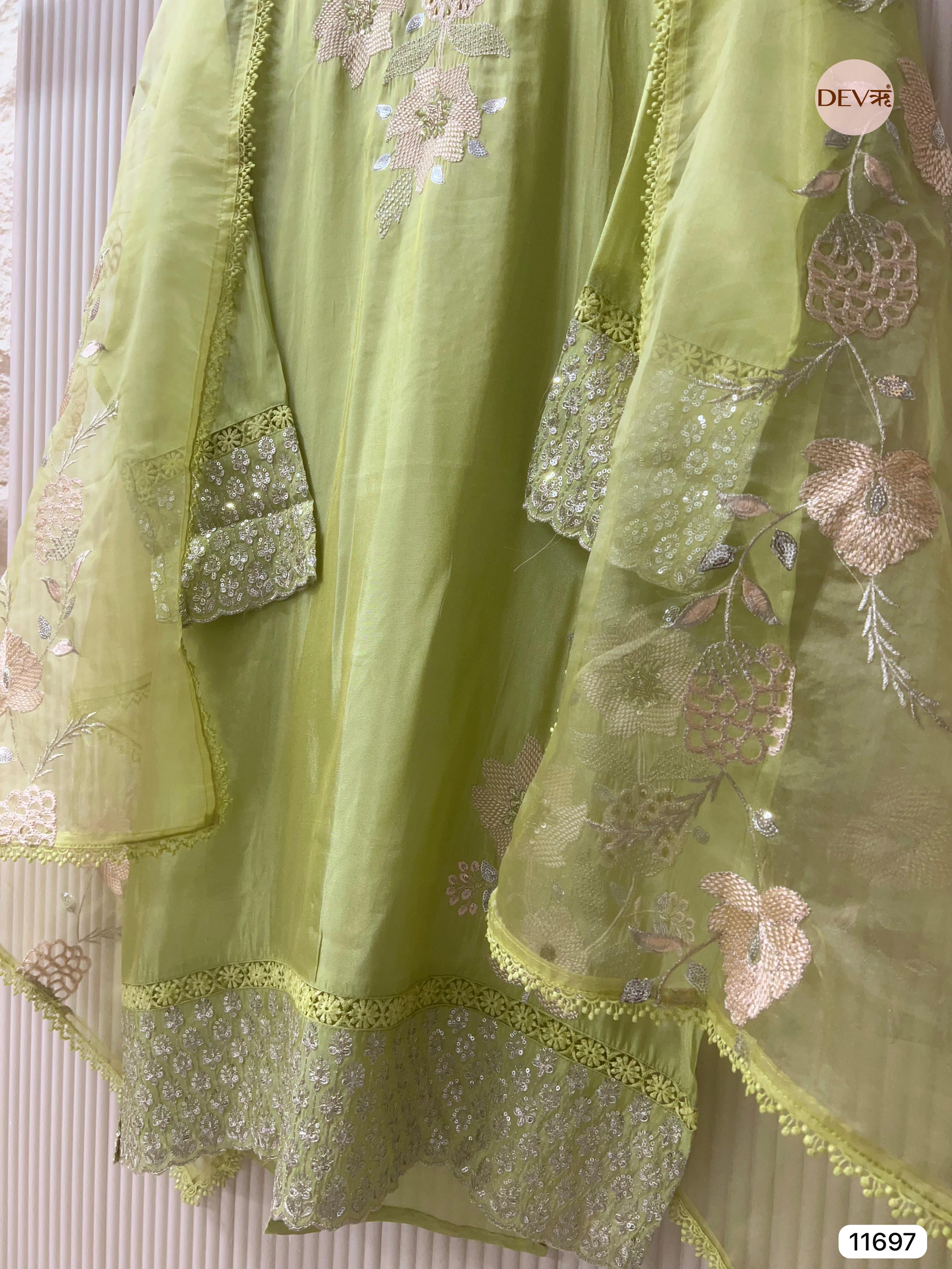 Lime Green Tissue Shimmer Silk Semi Stitched Hand Embroidered -Set Of 3 - {11697}