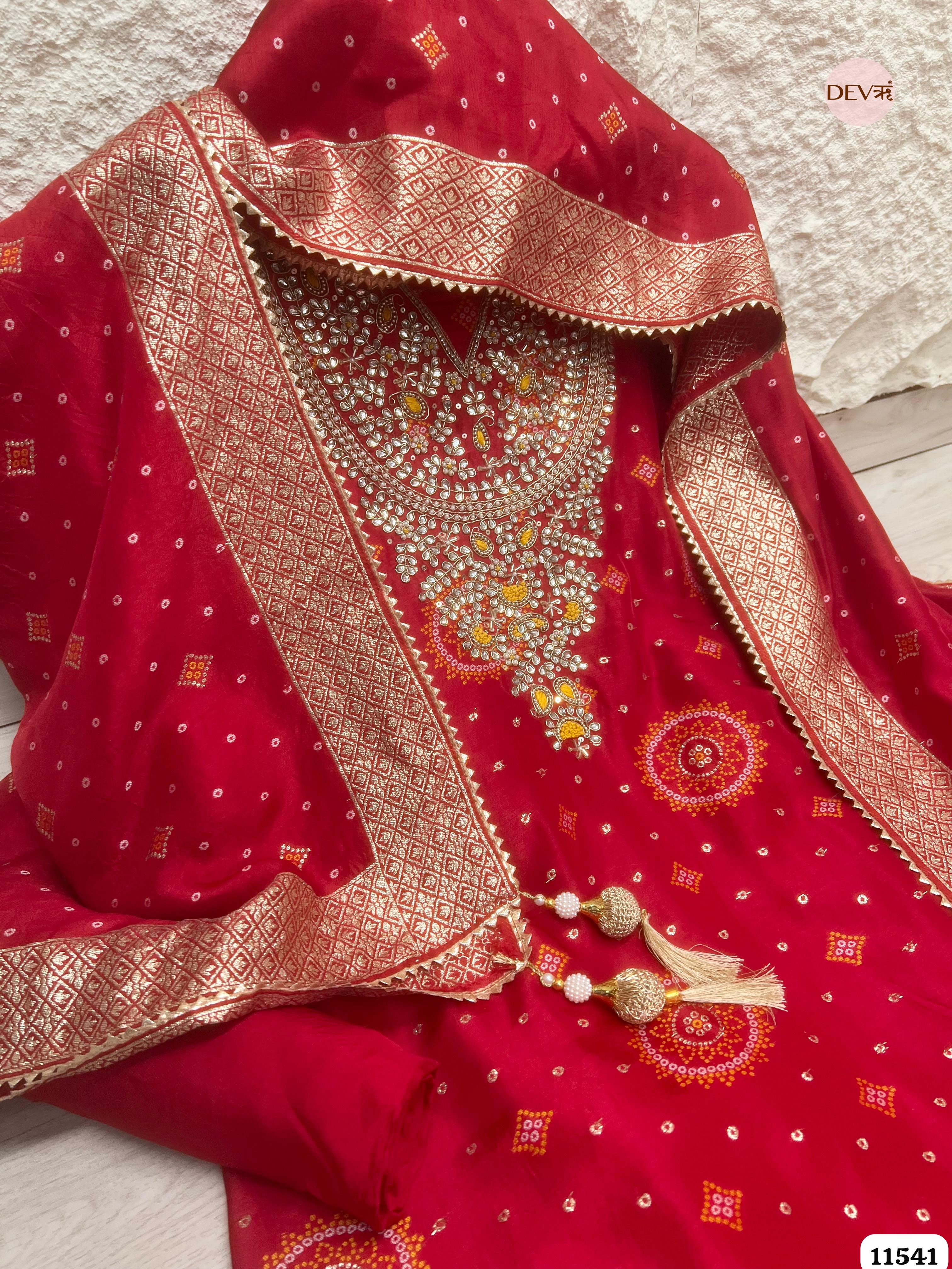 Red Pure Russian Silk Banarasi Woven Unstitched Hand Embroidered -Set Of 3 {11541}