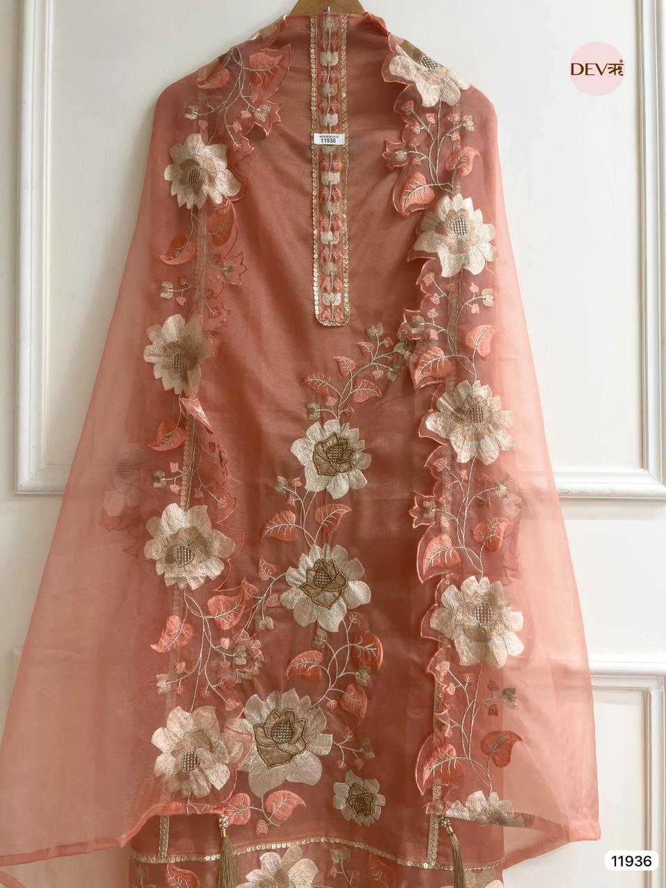 Orange Tissue Silk Unstitched Embroidered -Set Of 3- {11936}