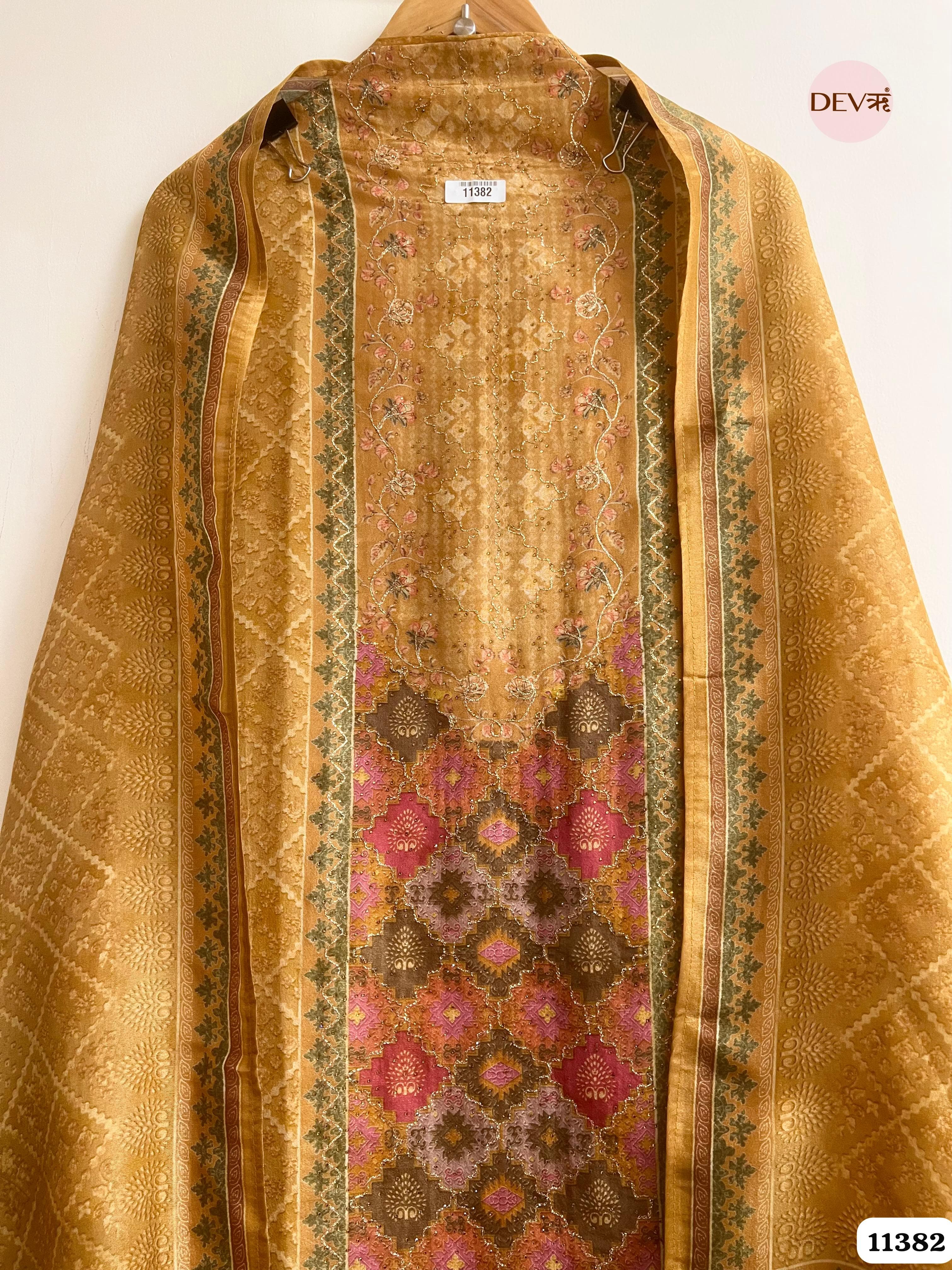 Mustard Yellow Silk Printed Hand Embroidered -Set Of 3 {11382}