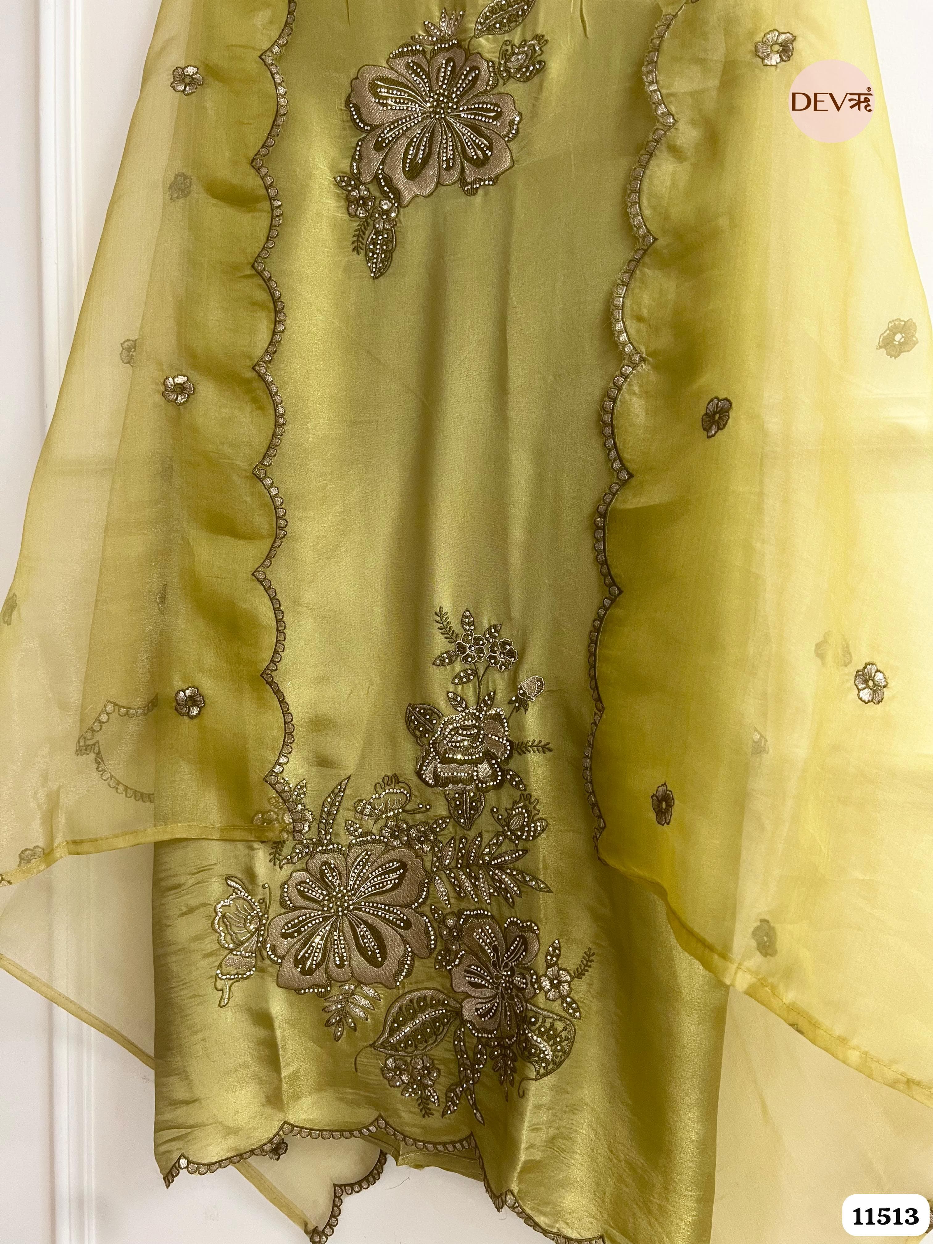 Lime green Tissue Silk Unstitched Embroidered -Set Of 3 {11513}