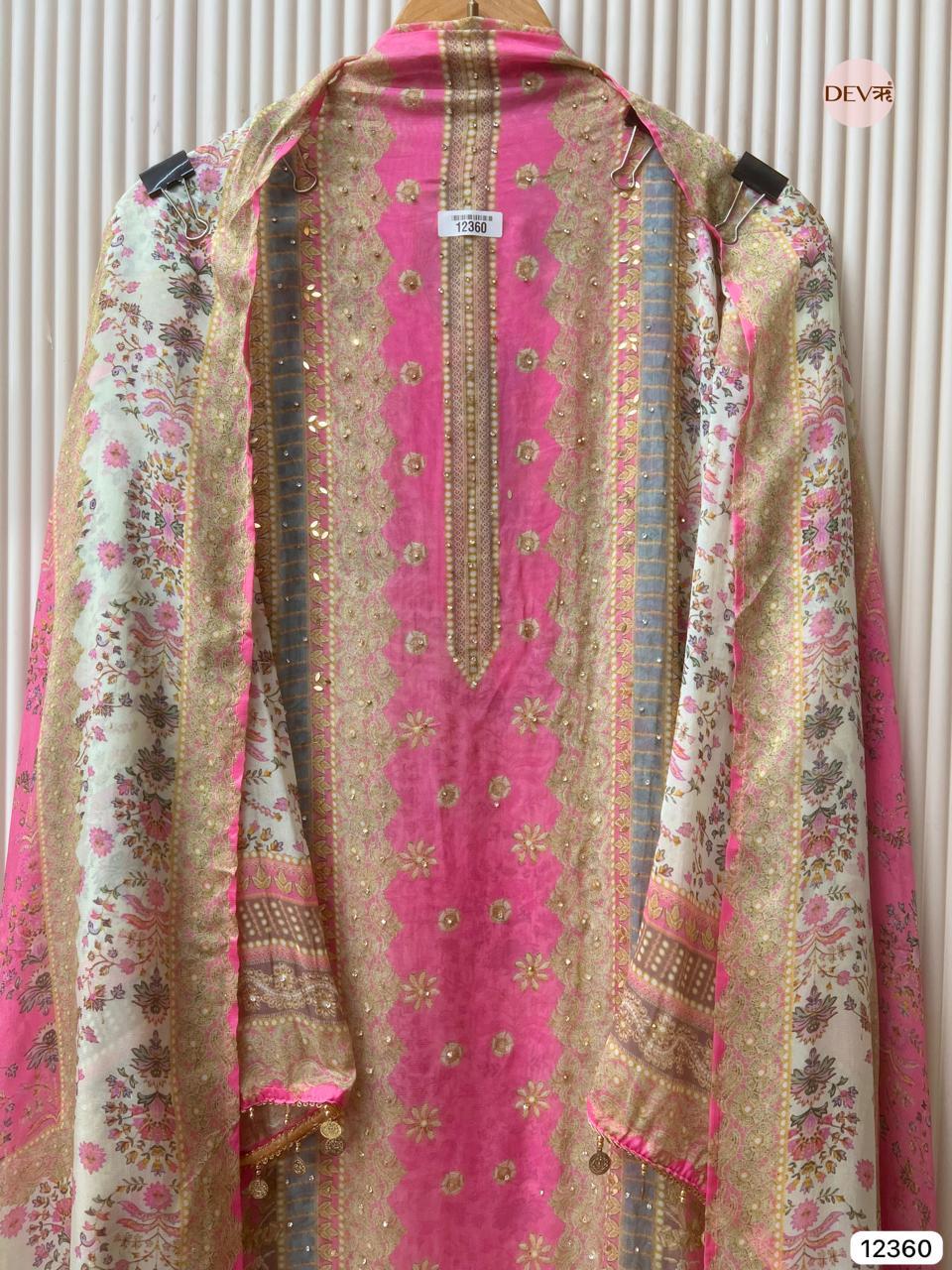 Pink Organza Printed Unstitched 3-Piece Suit (Devri – D.No 12360)
