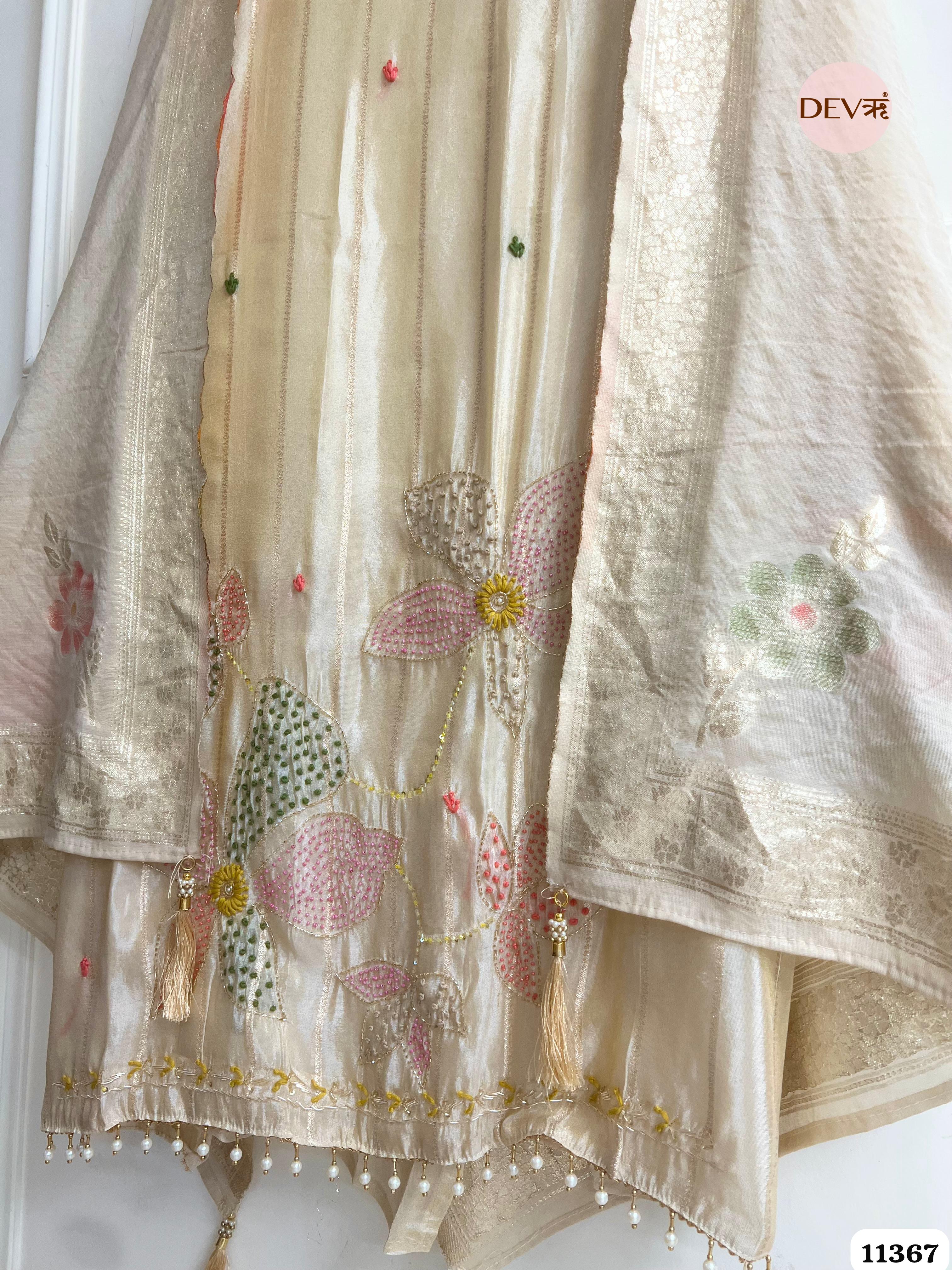 Off-White Or Cream Color Tissue Silk Unstitched Woven Hand Embroidered -Set Of 3 {11367}