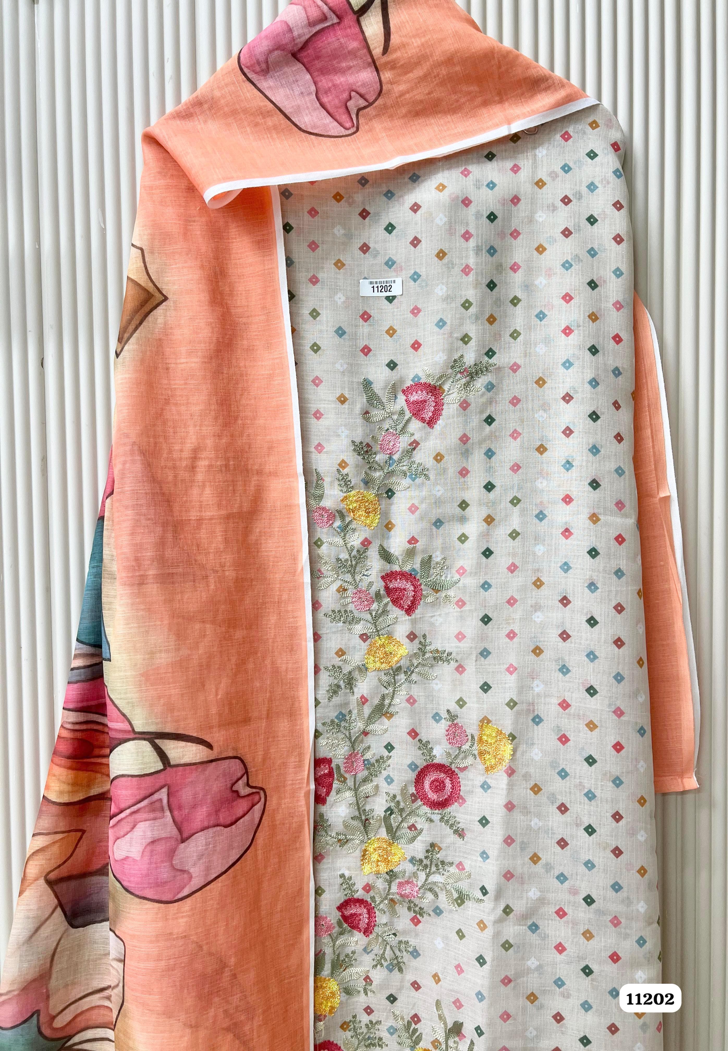 Orange Linen Cotton Woven Unstitched Printed -Set Of 3 {11202}