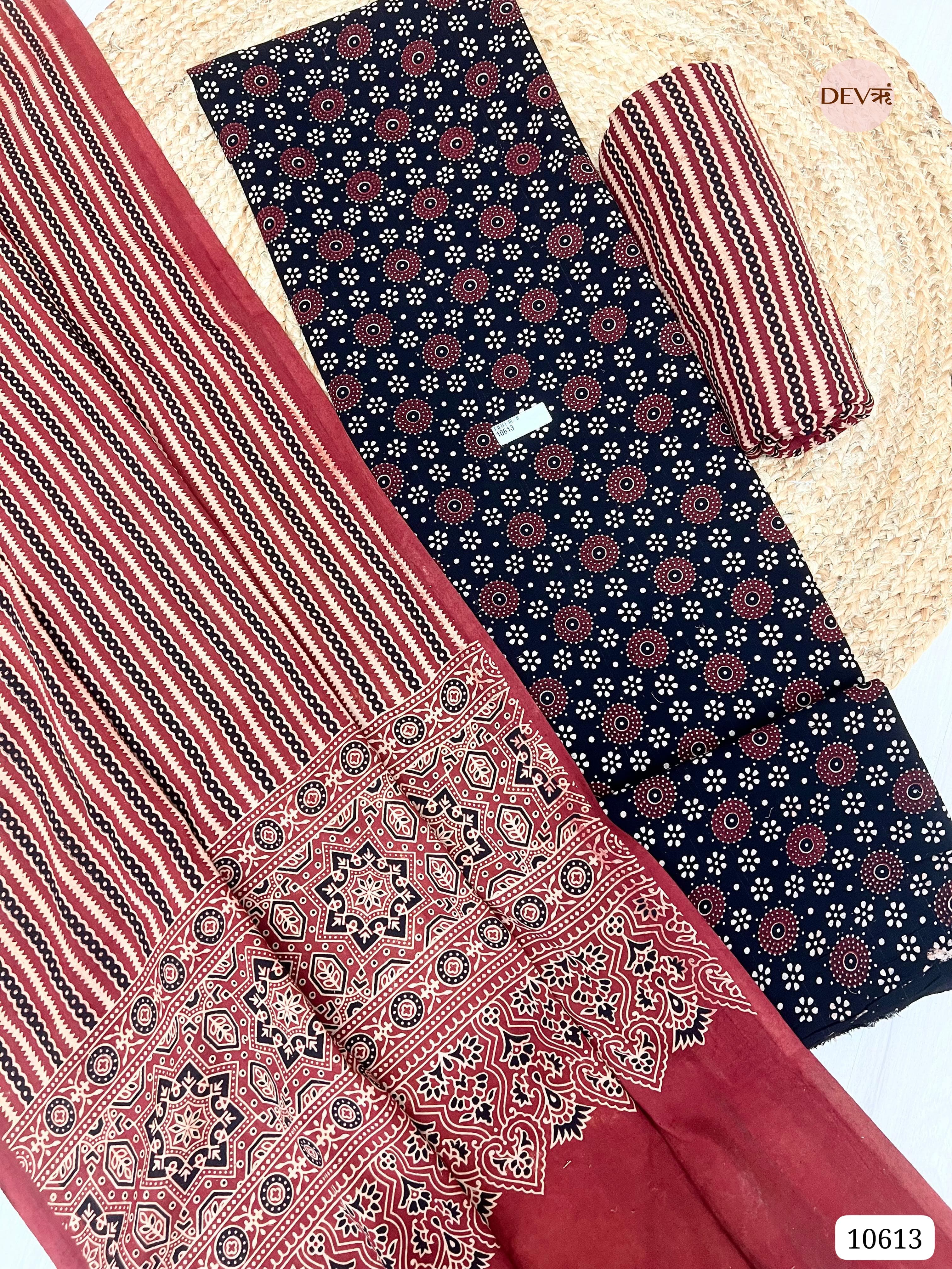Black Cotton Unstitched Ajrak printed -Set Of 3
