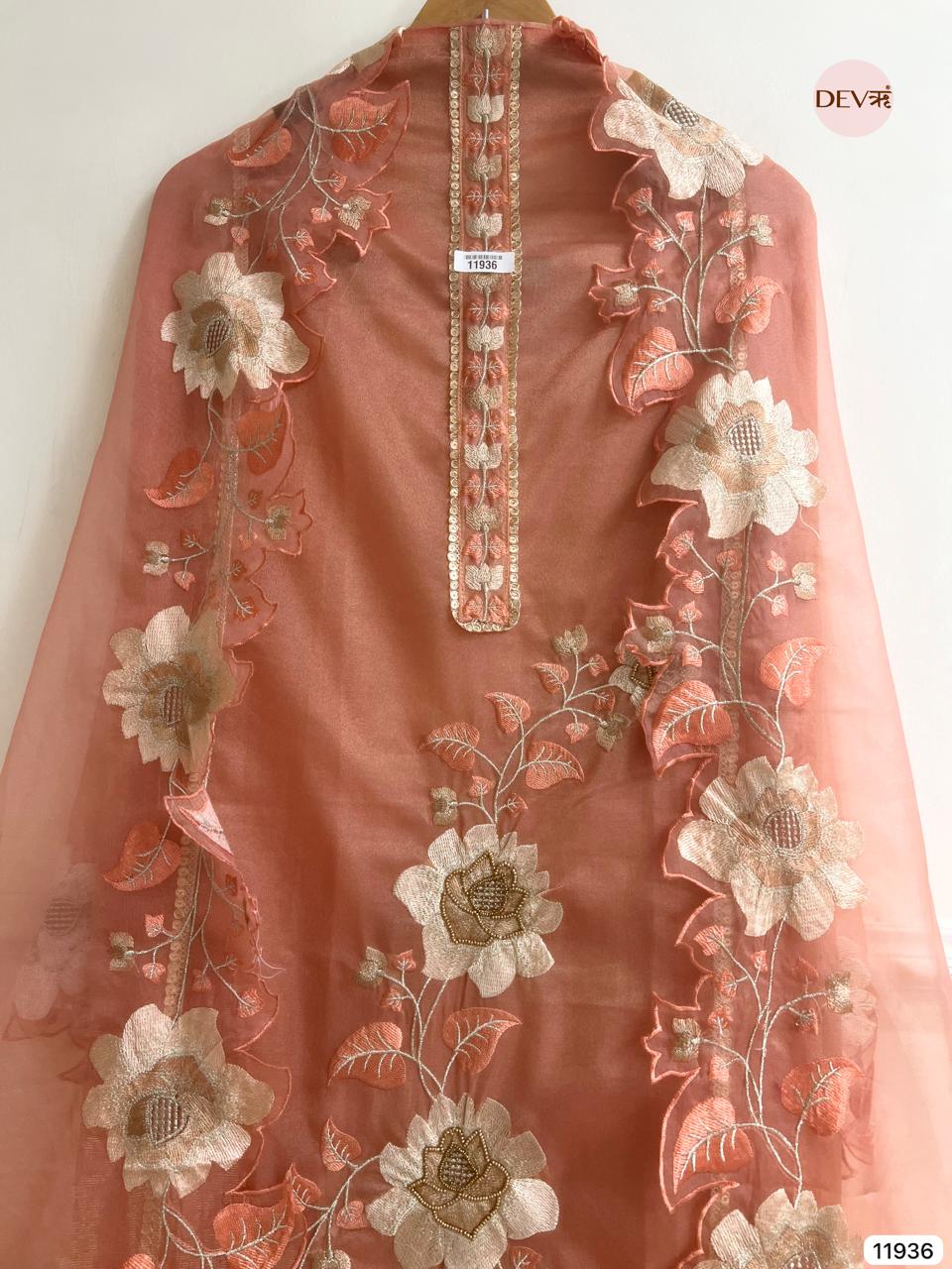 Orange Tissue Silk Unstitched Embroidered -Set Of 3- {11936}