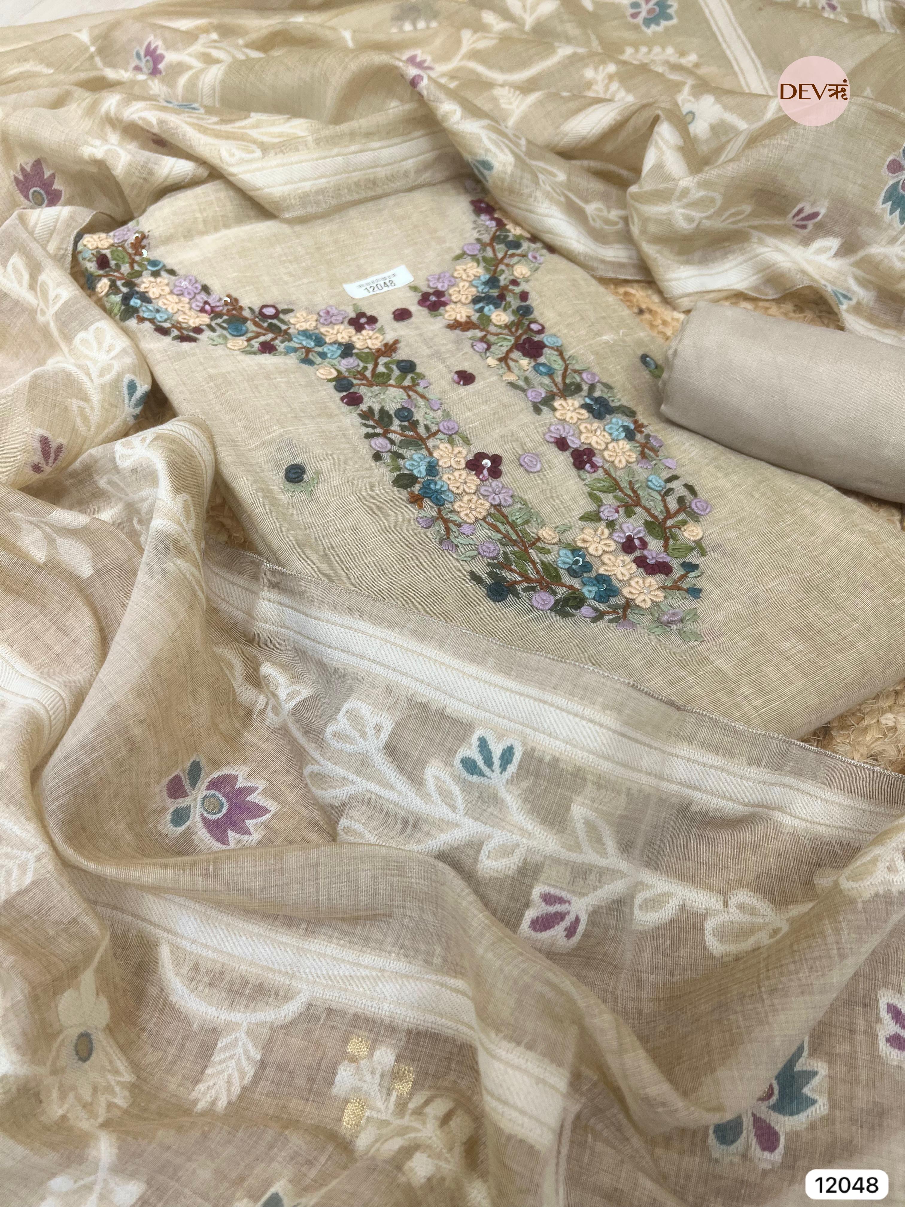 Off White Pure Khadi Silk Unstitched Embroidered -Set Of 3 - {12048}