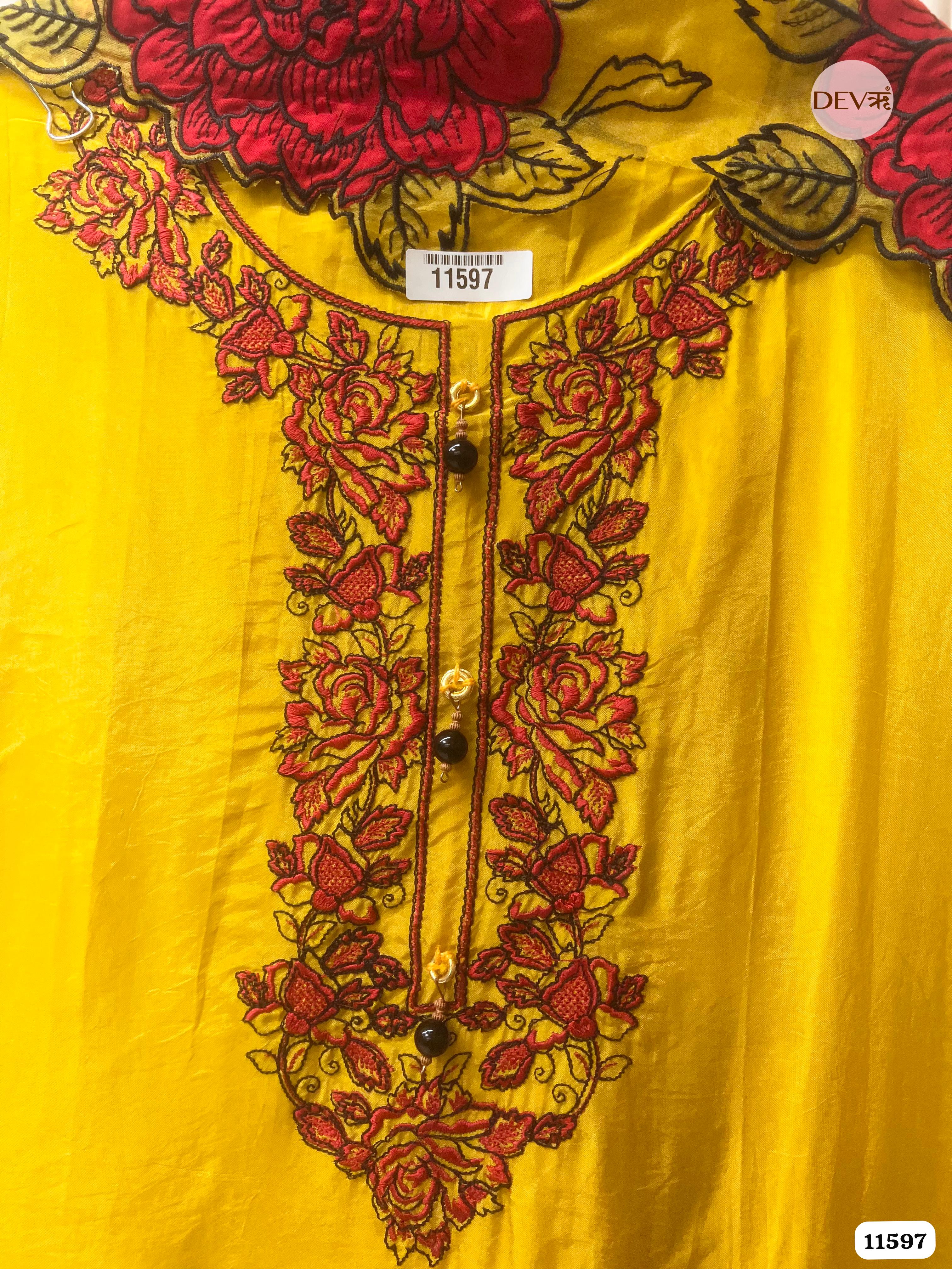 Yellow Organza Unstitched Embroidered -Set Of 3 {11597}