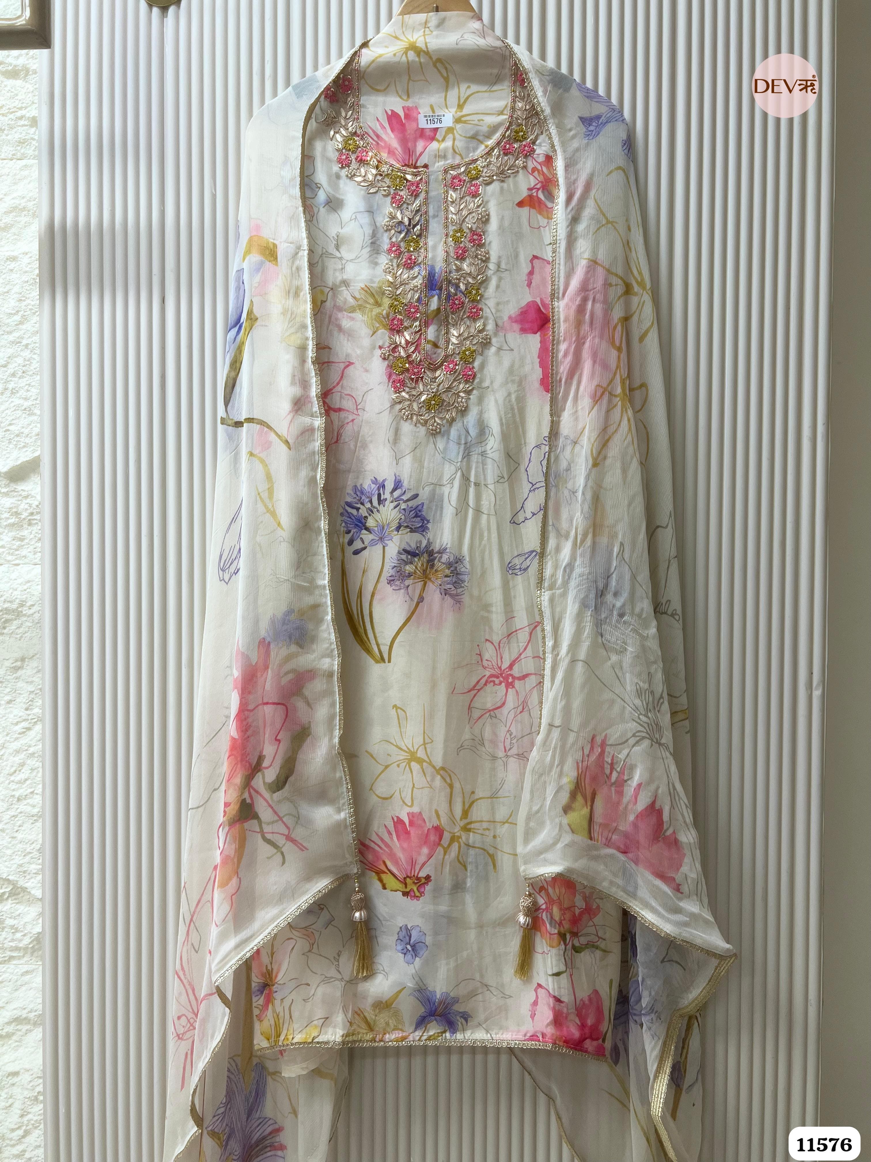 Off-White Or Cream Pure Organza Silk Unstitched Printed Hand Embroidered -Set Of 3 {11576}