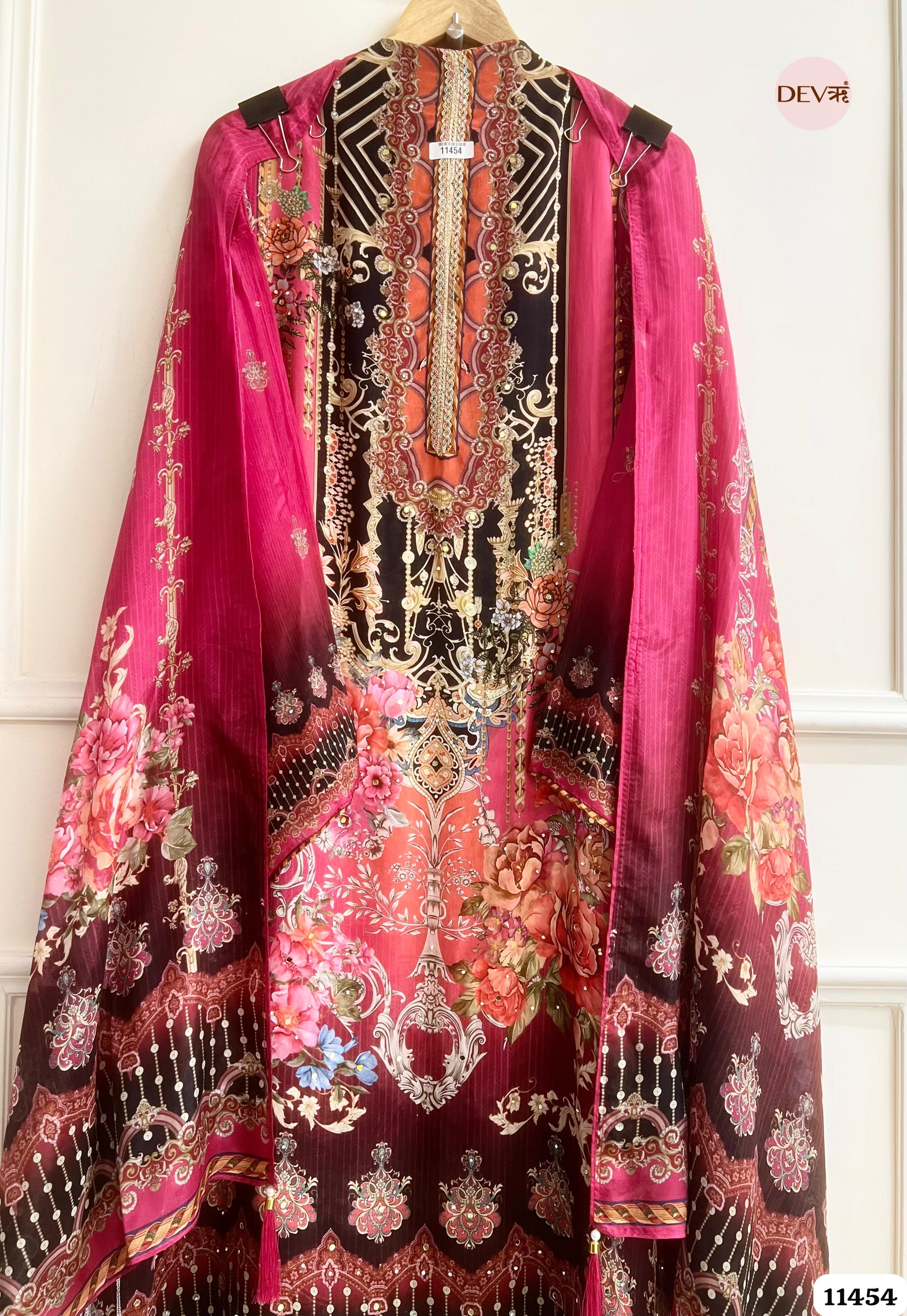 Pink organza Silk Printed Semi - Stitched Hand Embroidered -Set Of 3 {11454}
