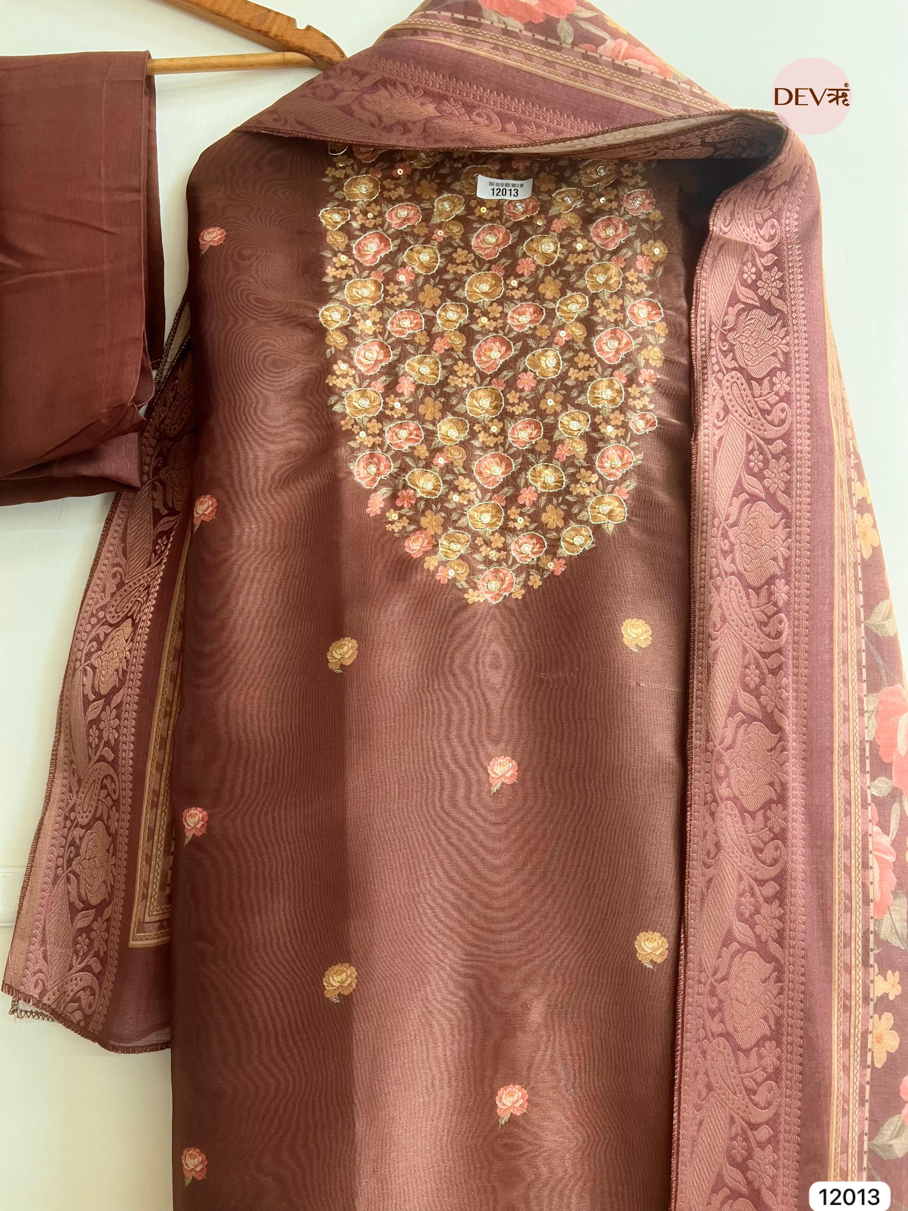 Maroon Tissue Silk Unstitched Printed Hand Embroidered -Set Of 3