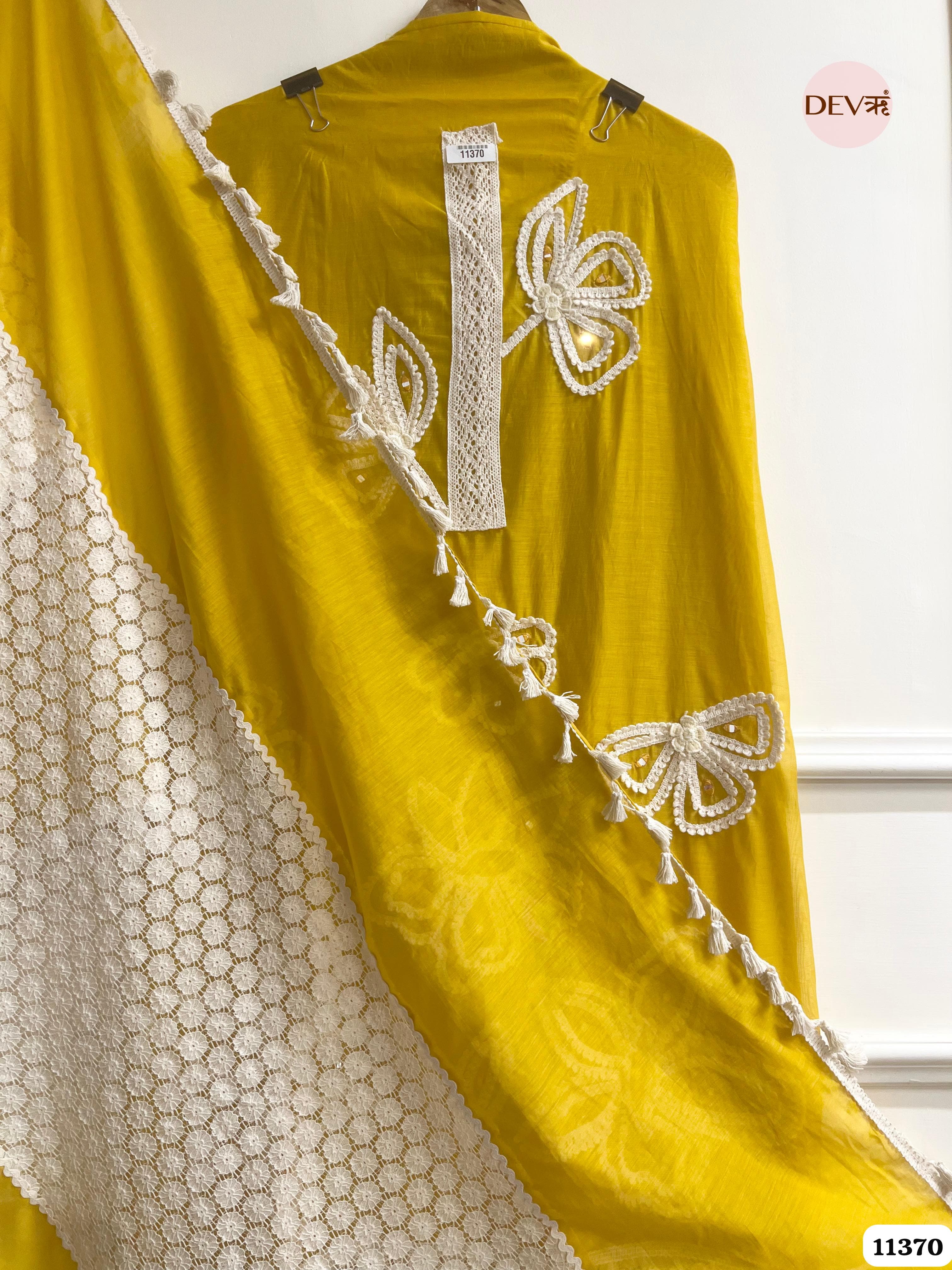 Yellow Mul Chanderi Unstitched Embroidered -Set Of 3 {11370}