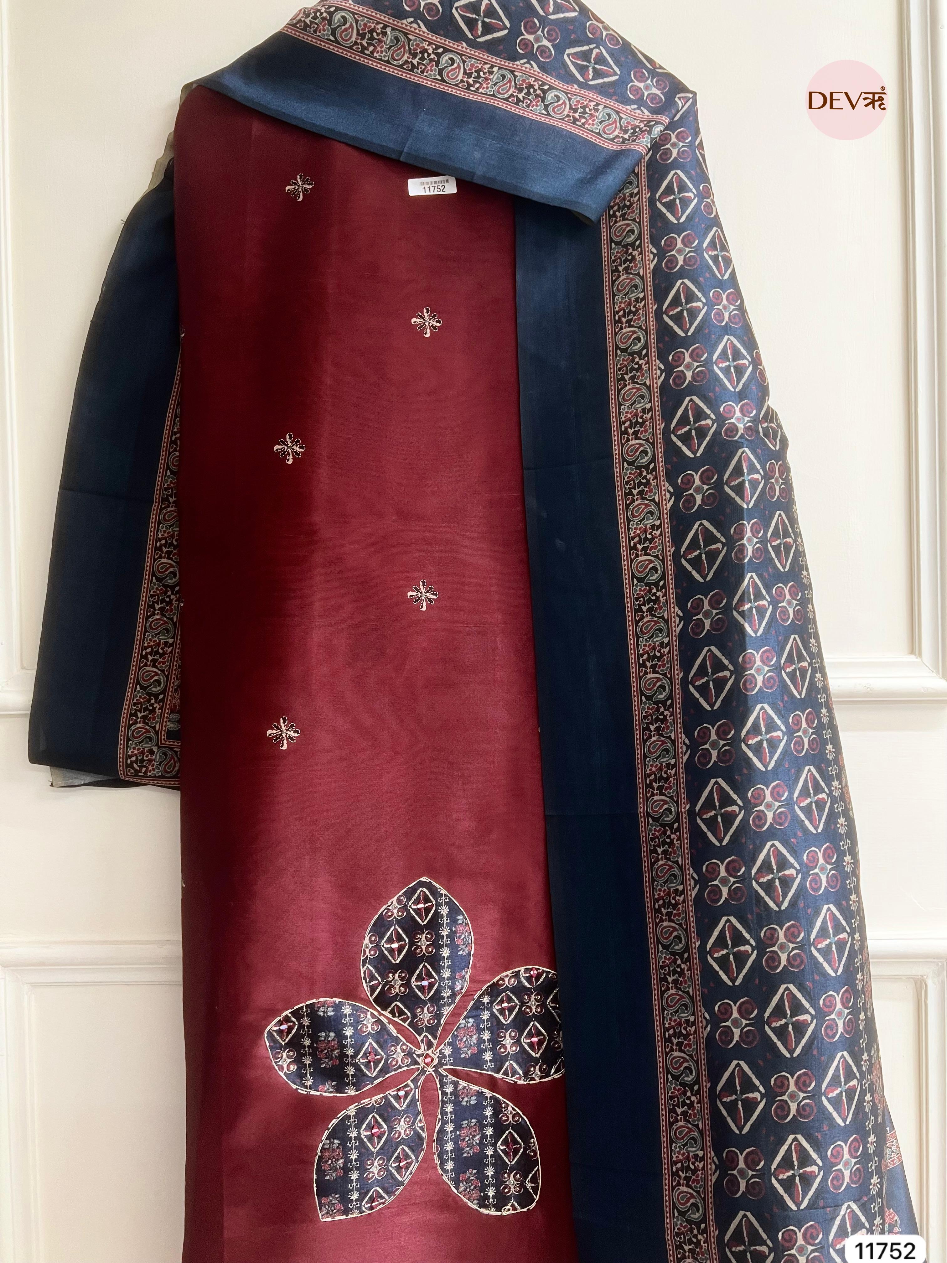 Maroon Raw Silk Unstitched Hand Applique Work Embroidered -Set Of 3 - {11752}