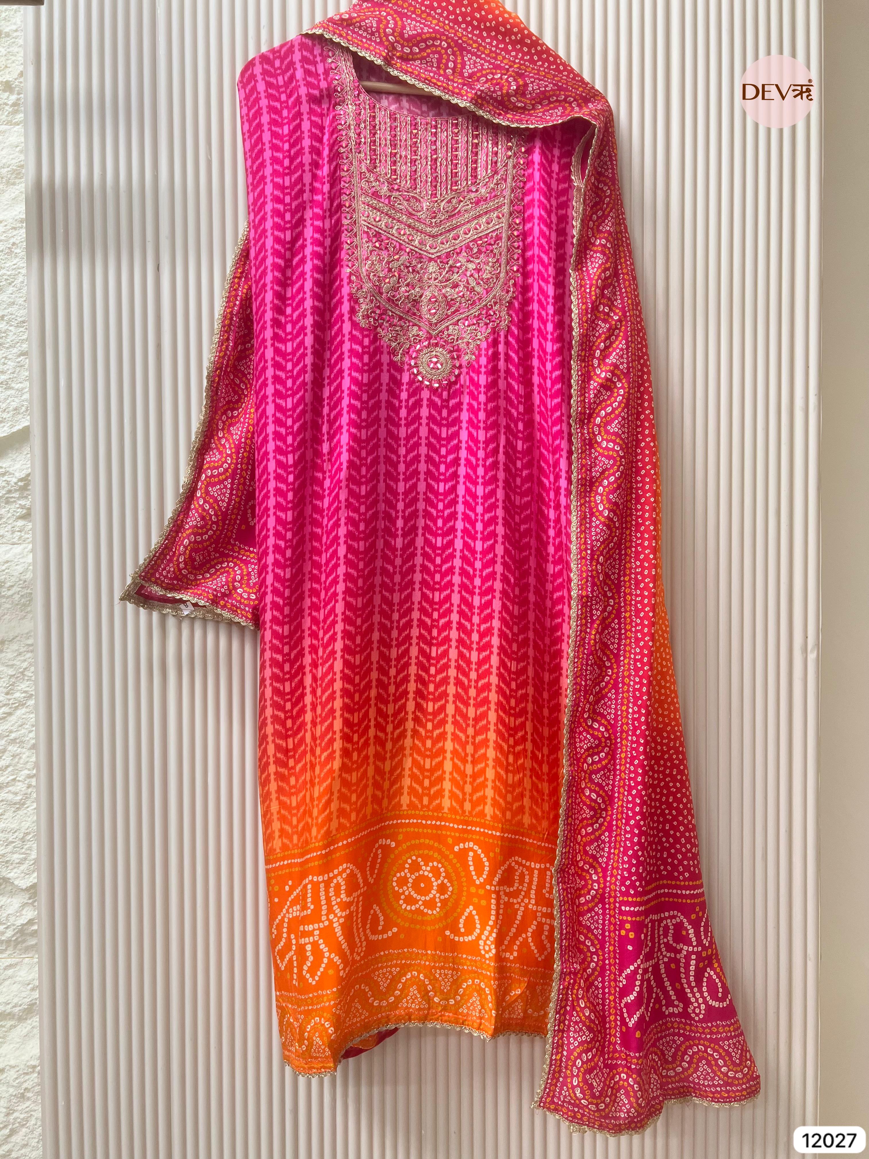 Pink Russian Silk Unstitched Printed Hand Embroidered -Set Of 3 - {12027}