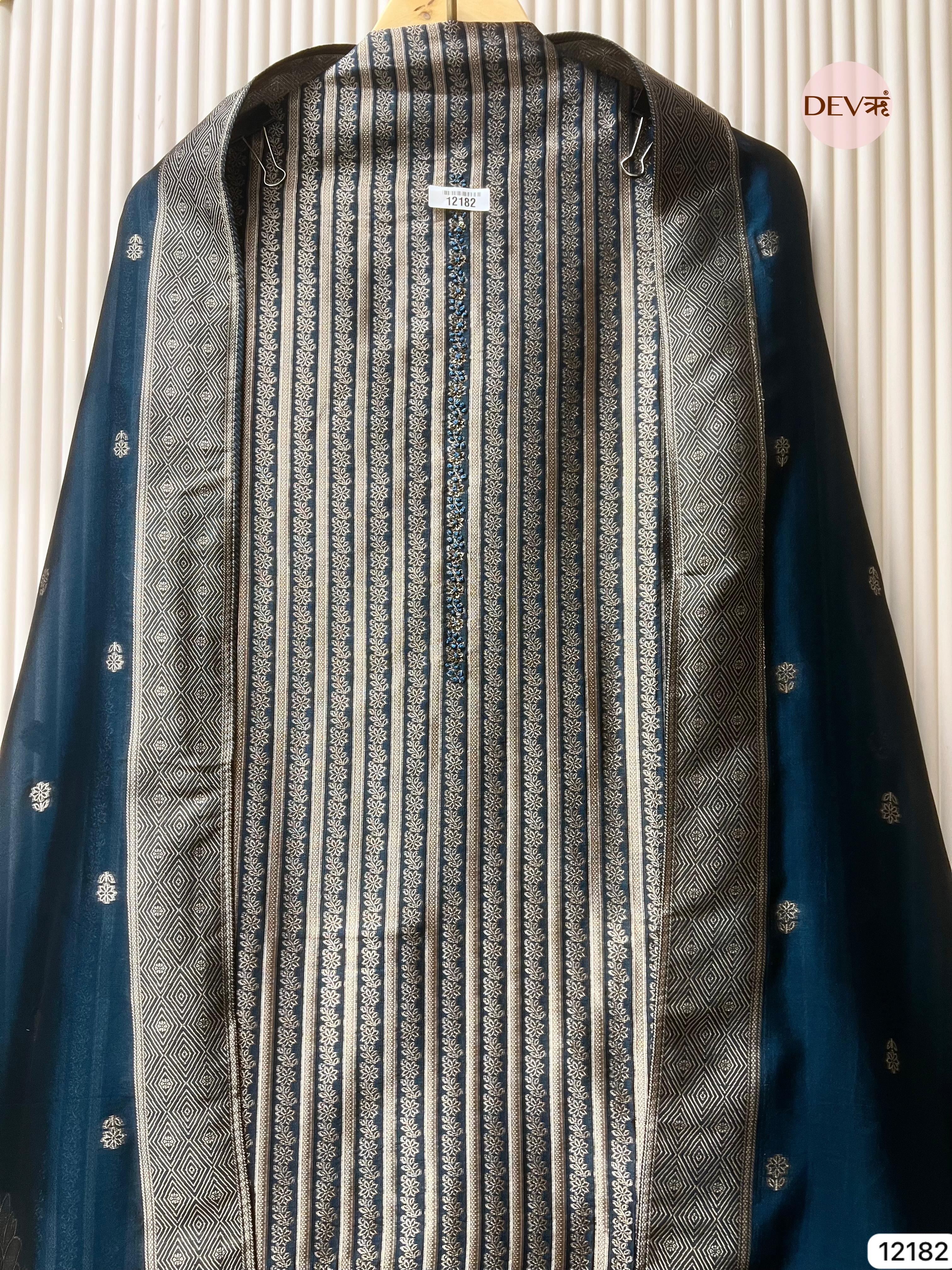 Blue Pure Banarasi Silk Unstitched Hand Embroidered-Set of 3 - {12182}