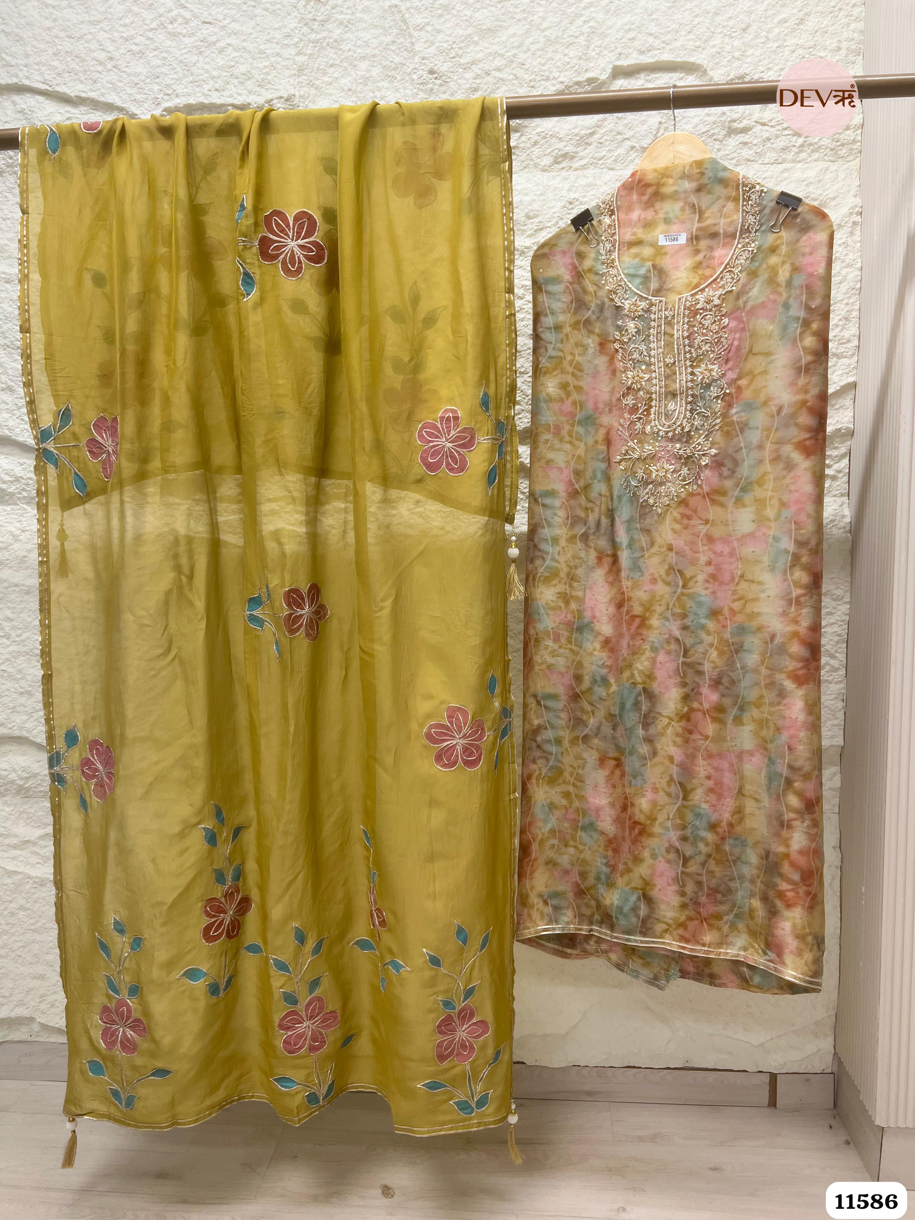 Olive Green Pure Organza Silk Printed Unstitched Hand Embroidered -Set Of 3 {11586}