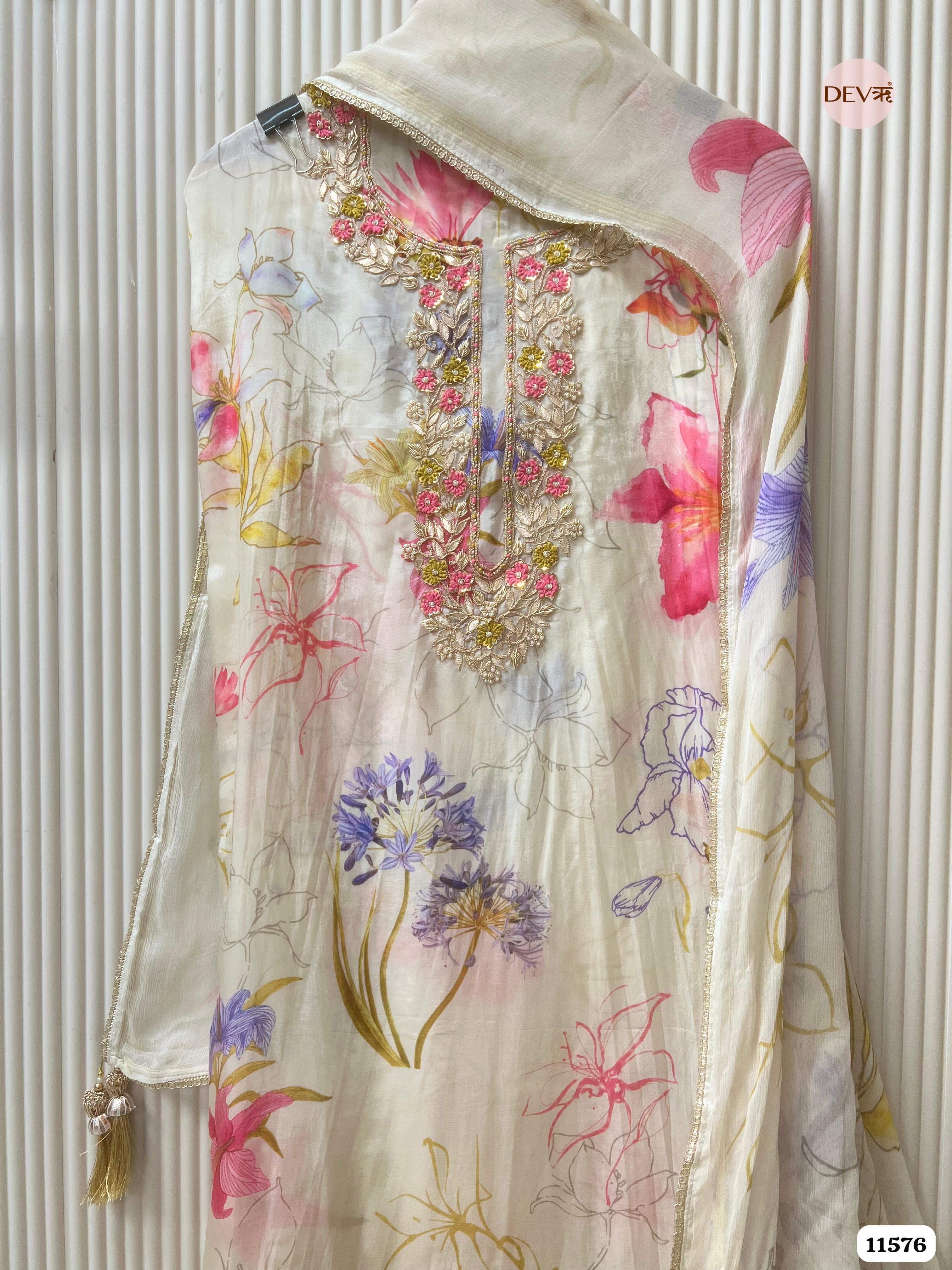 Off-White Or Cream Pure Organza Silk Unstitched Printed Hand Embroidered -Set Of 3 {11576}