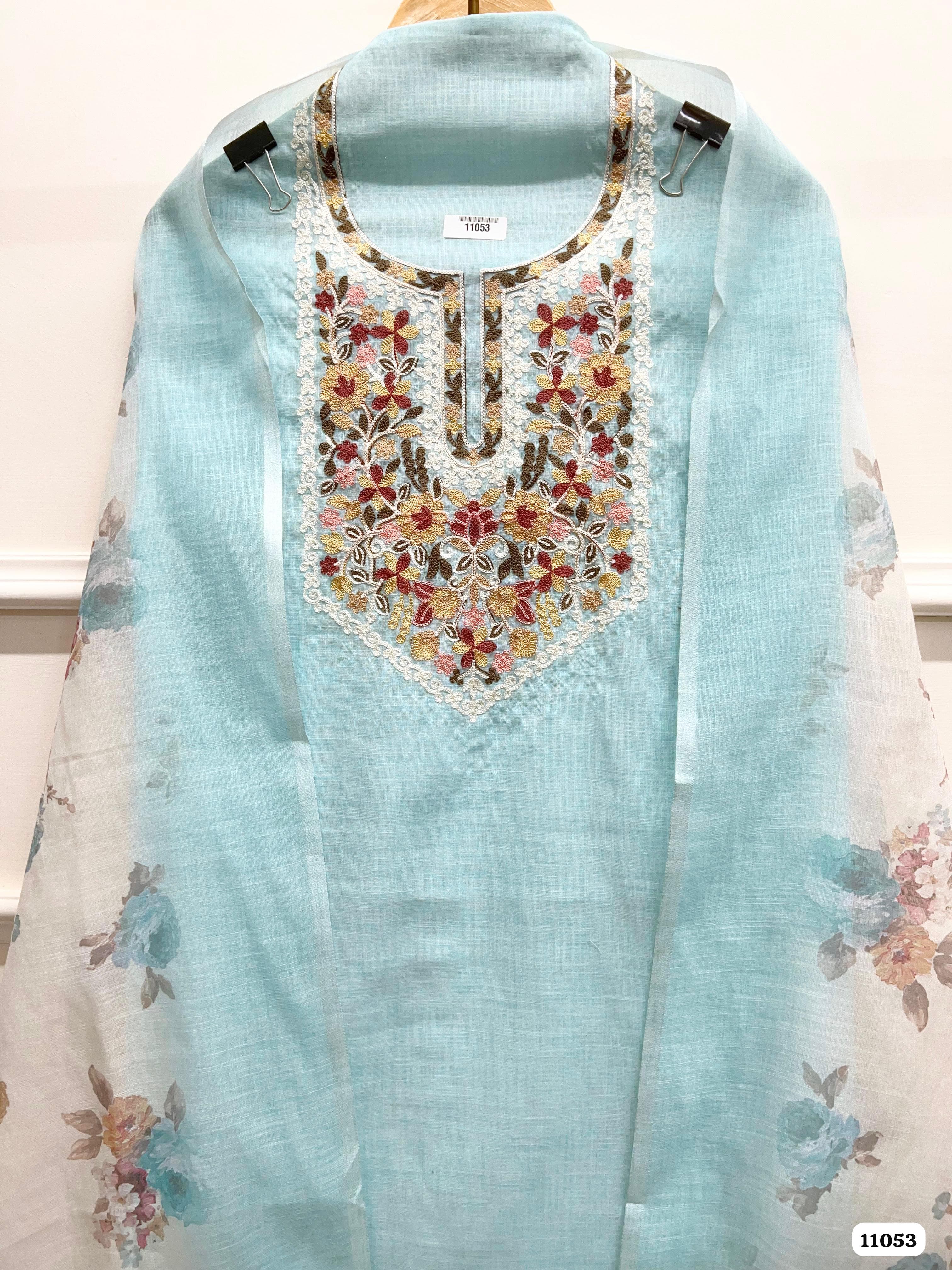 Blue Khadi Cotton Unstitched Embroidered -Set Of 3 {11053}