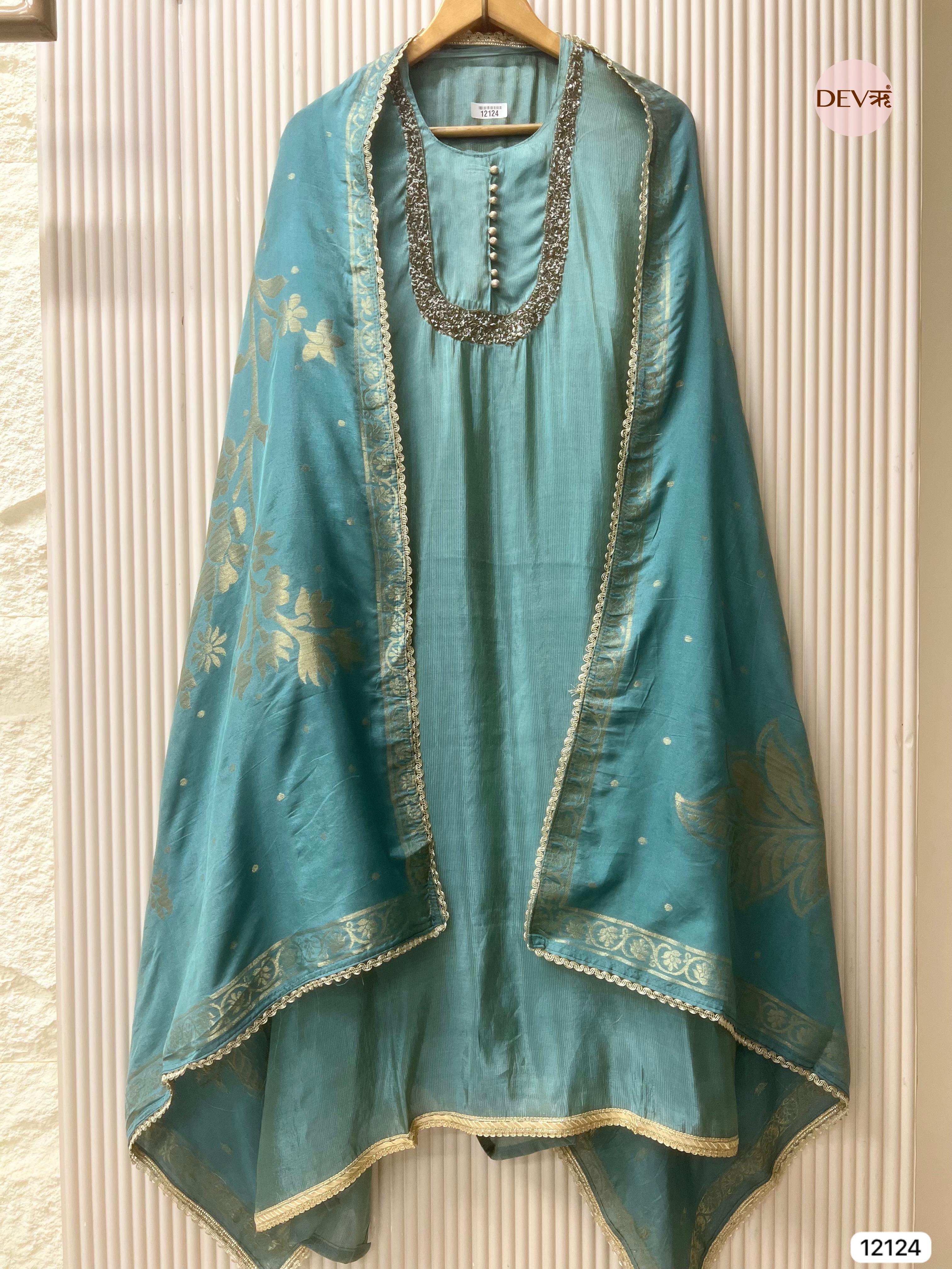 Blue-Green Shimmer Silk Unstitched Hand Embroidered -Set Of 3 - {12124}