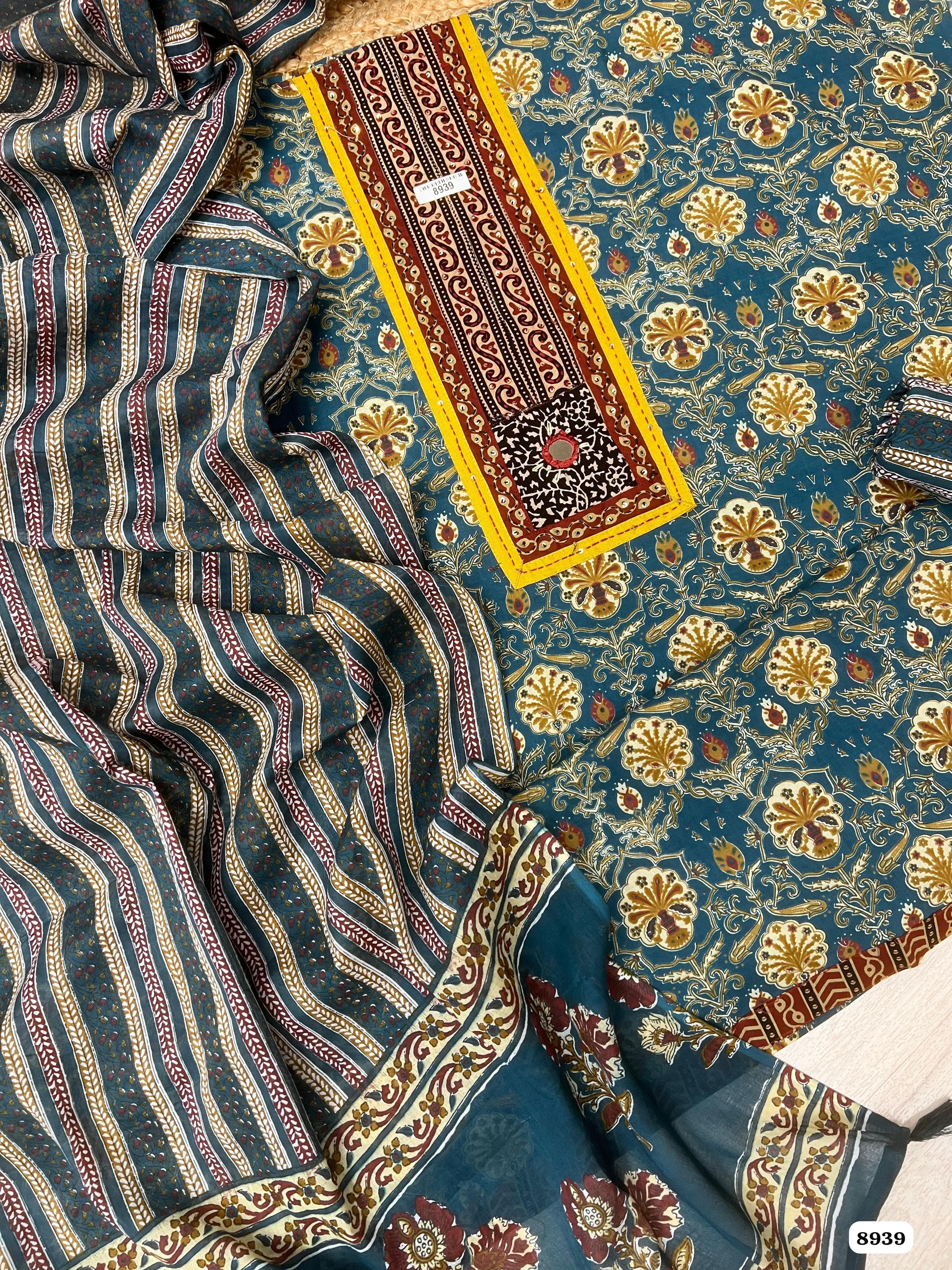 Blue Cotton Printed Unstitched Hand Embroidered -Set Of 3 {8939}