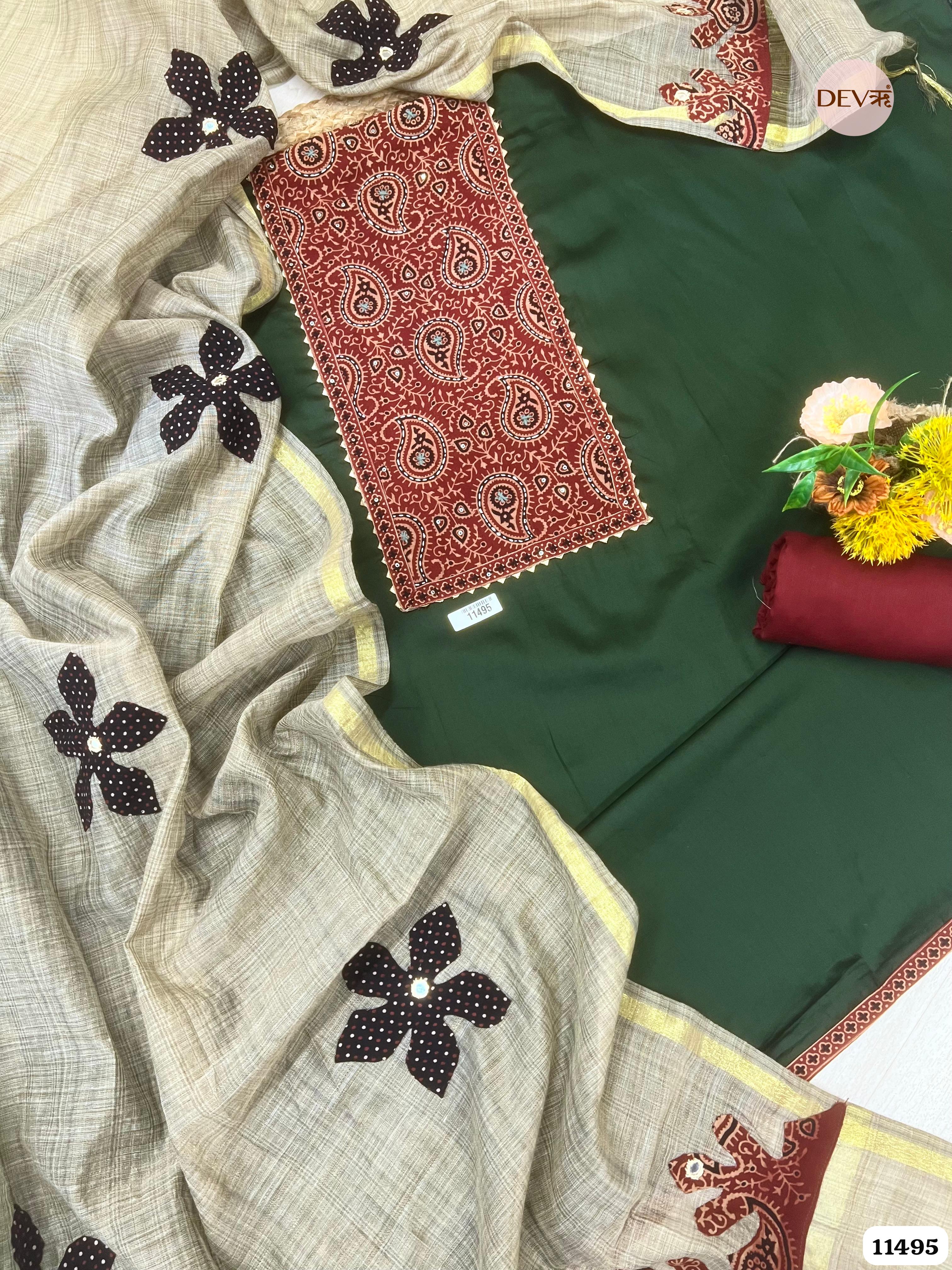 Green Cotton Jaam Unstitched Printed Hand Embroidered -Set Of 3 {11495}