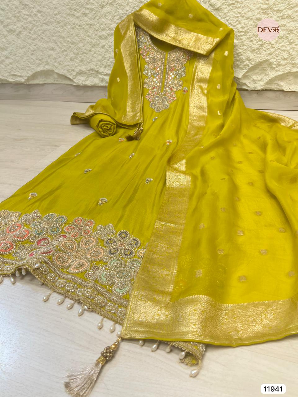 Yellow Pure Russian Silk Unstitched Hand Embroidered -Set Of 3- {11941}