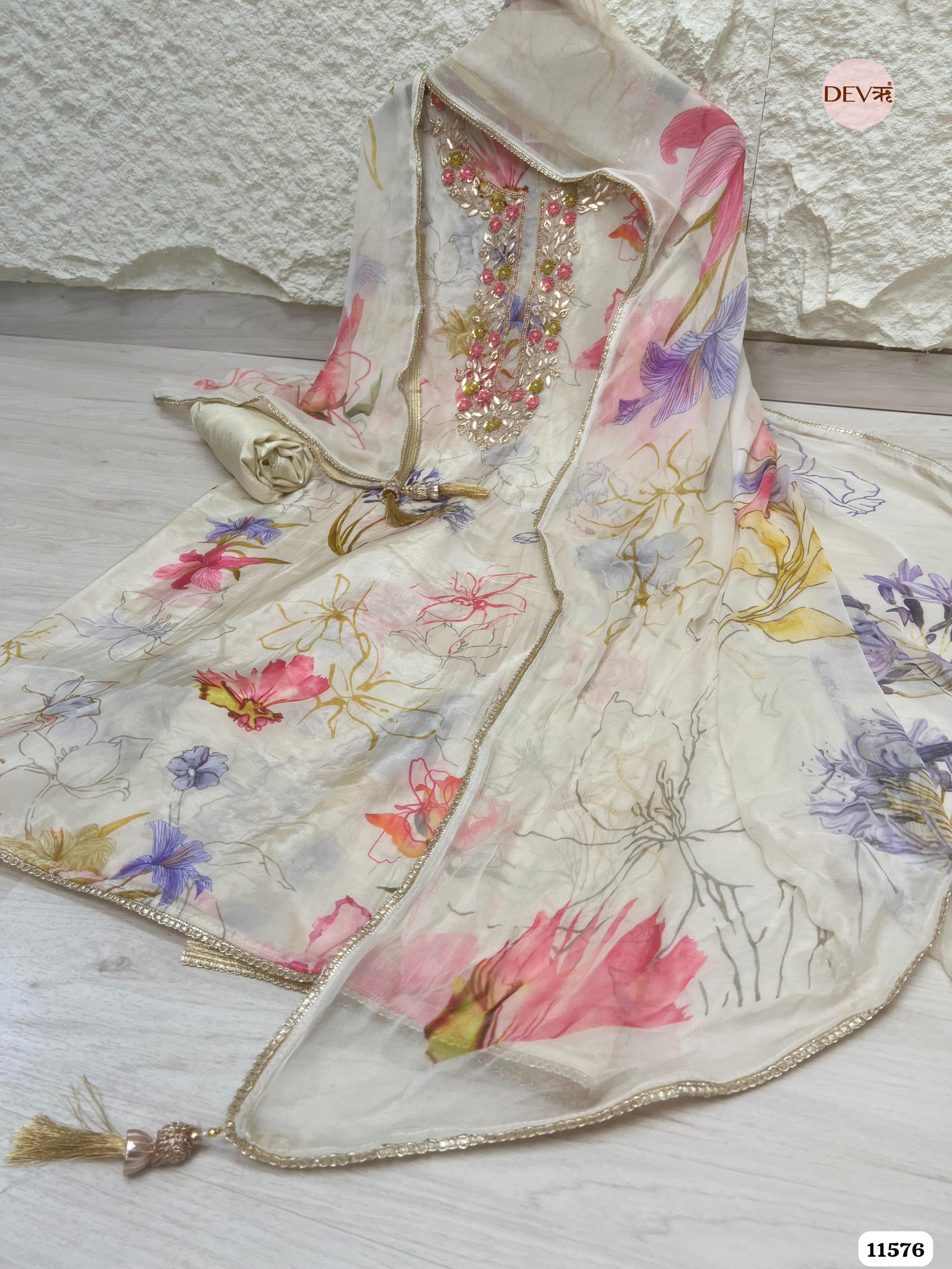 Off-White Or Cream Pure Organza Silk Unstitched Printed Hand Embroidered -Set Of 3 {11576}