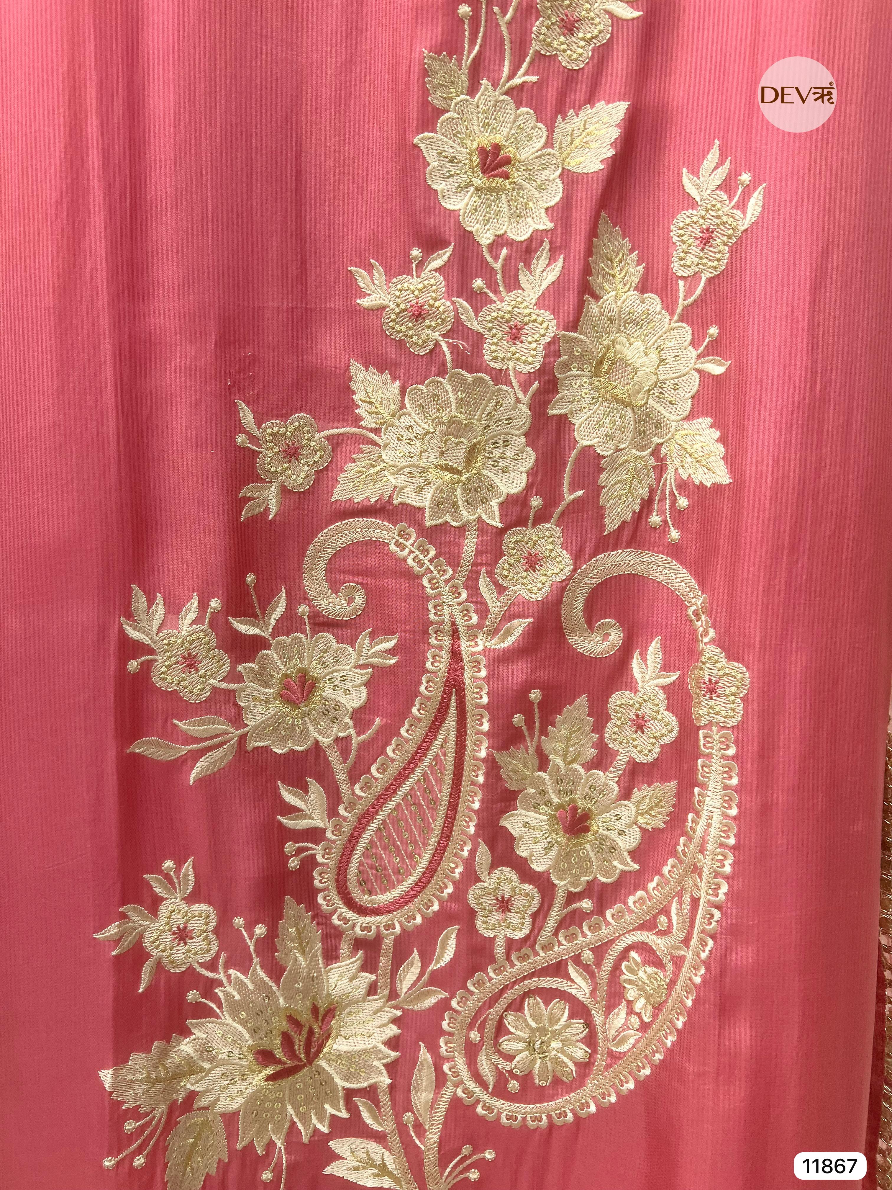 Pink Tissue Silk Unstitched Embroidered -Set Of 3- {11867}