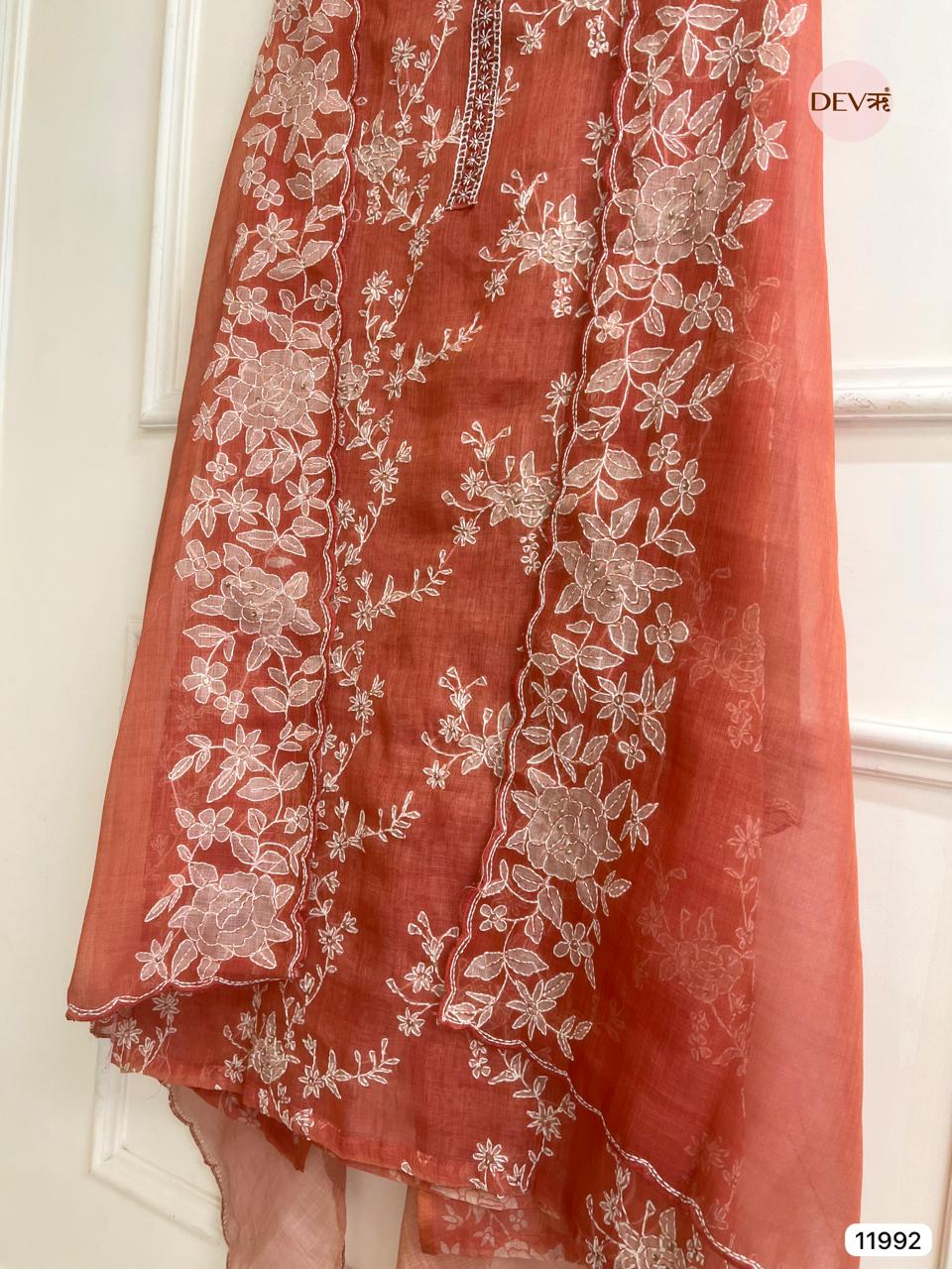 Rust Pure Mul Linen Unstitched Embroidered -Set Of 3 - {11992}
