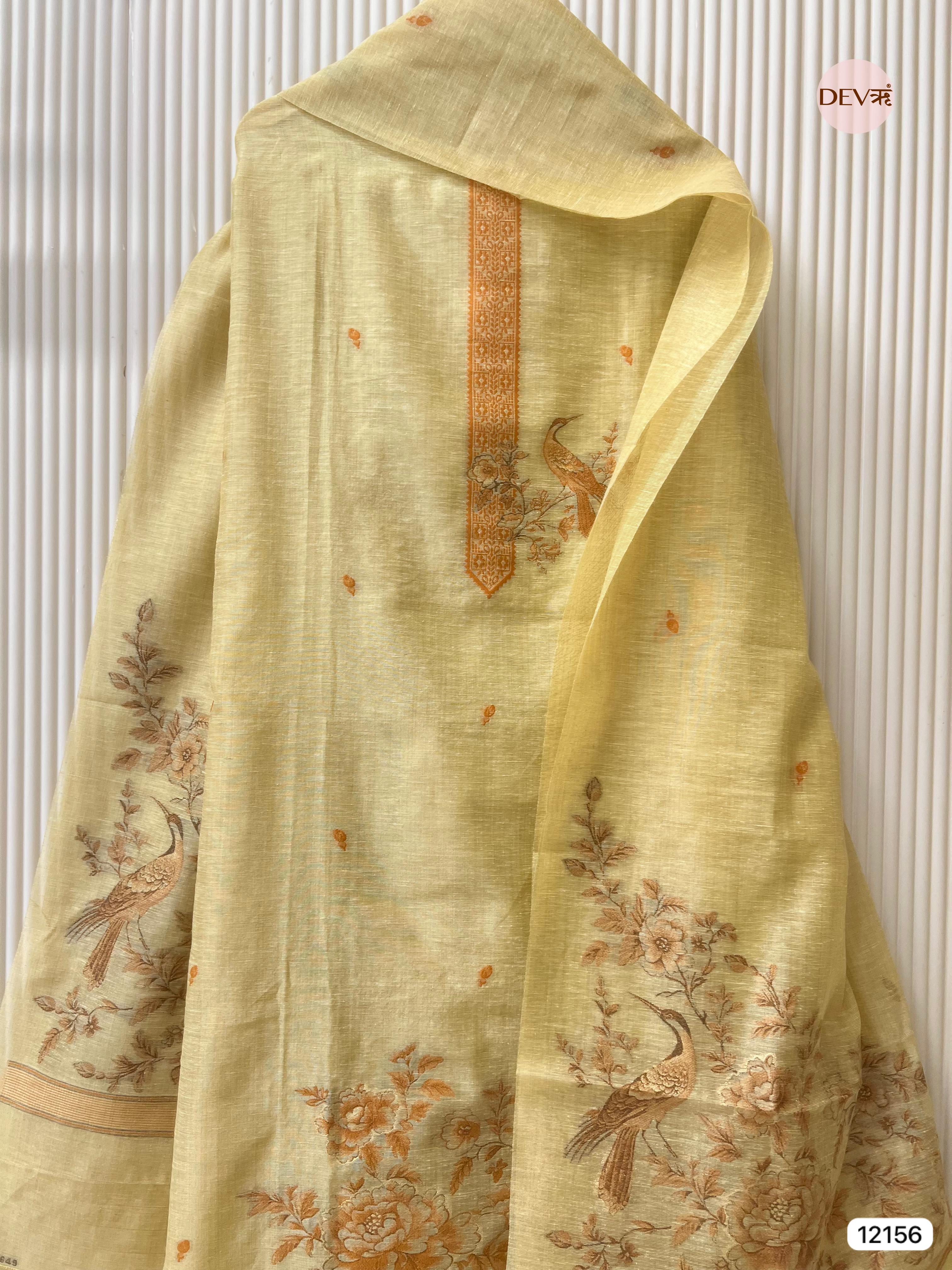 Yellow Pure Jamdani Linen Unstitched - Set Of 3 - {12156}