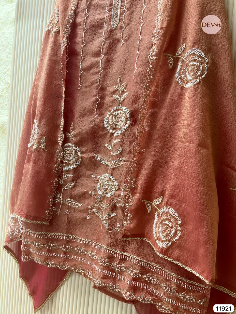 Rust Pure Tissue Crush Unstitched Hand Embroidered -Set Of 3 - {11921}