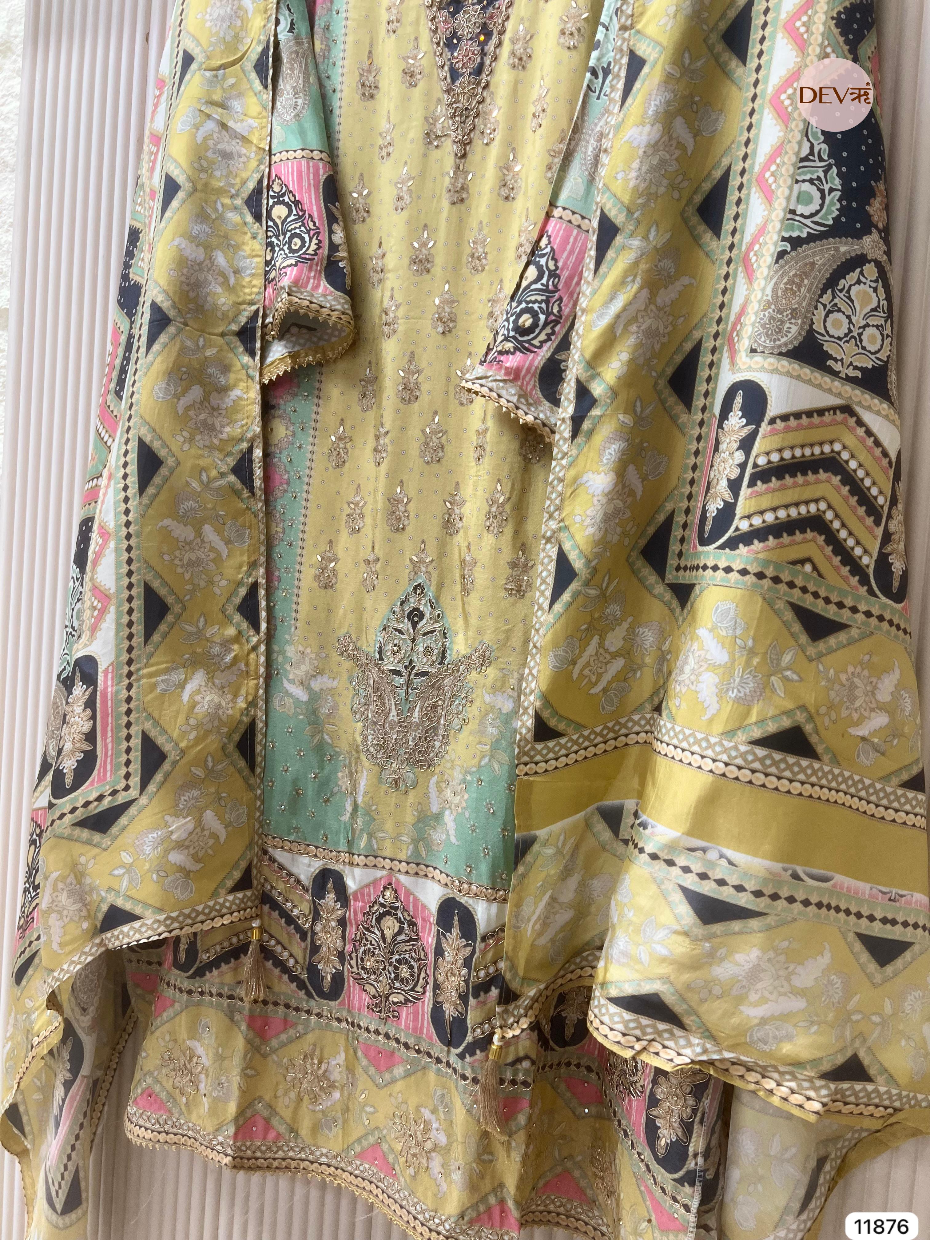 Yellow Glass Silk Semi Stitched Pakistani Printed Hand Embroidered -Set Of 3- {11876}