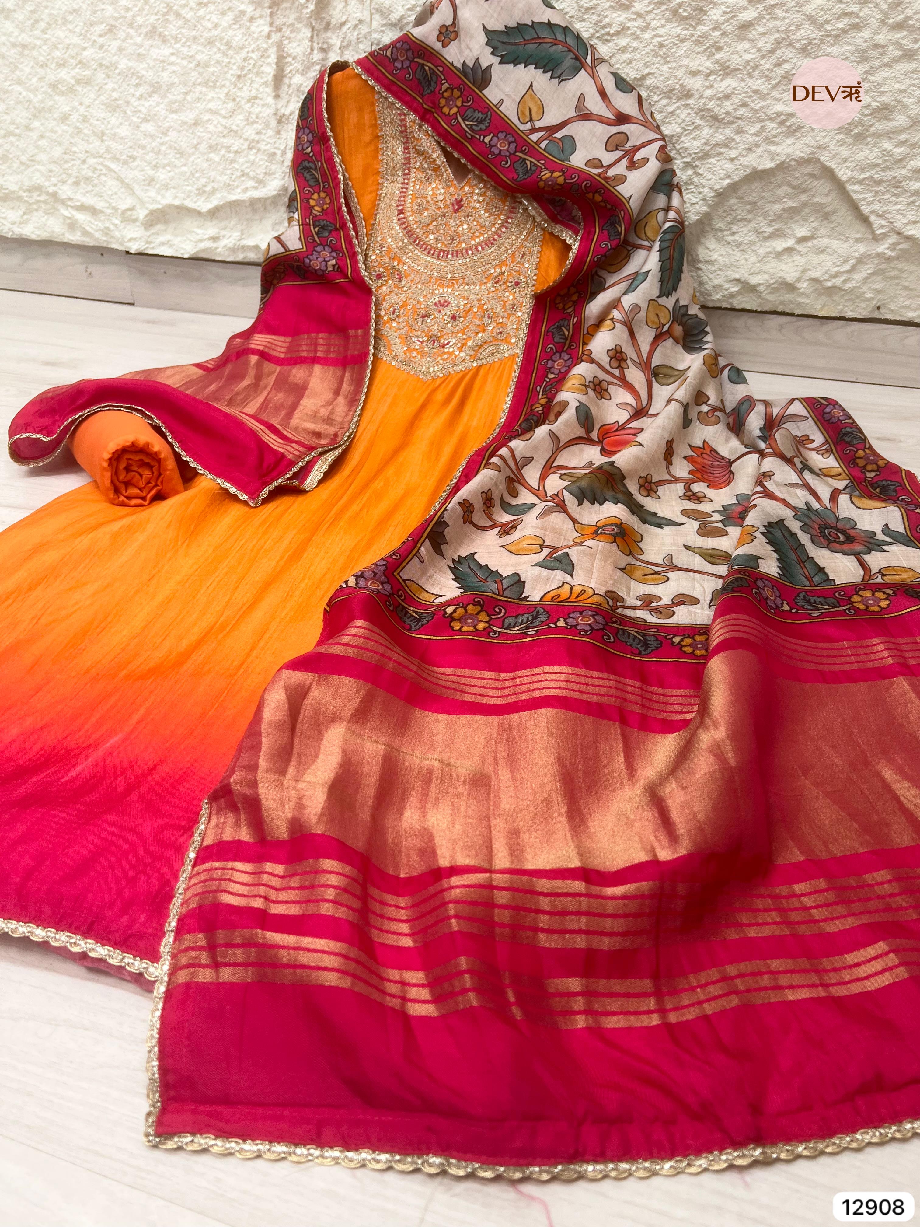 Orange Russian Silk Unstitched Embroidered -Set Of 3 - {11908}