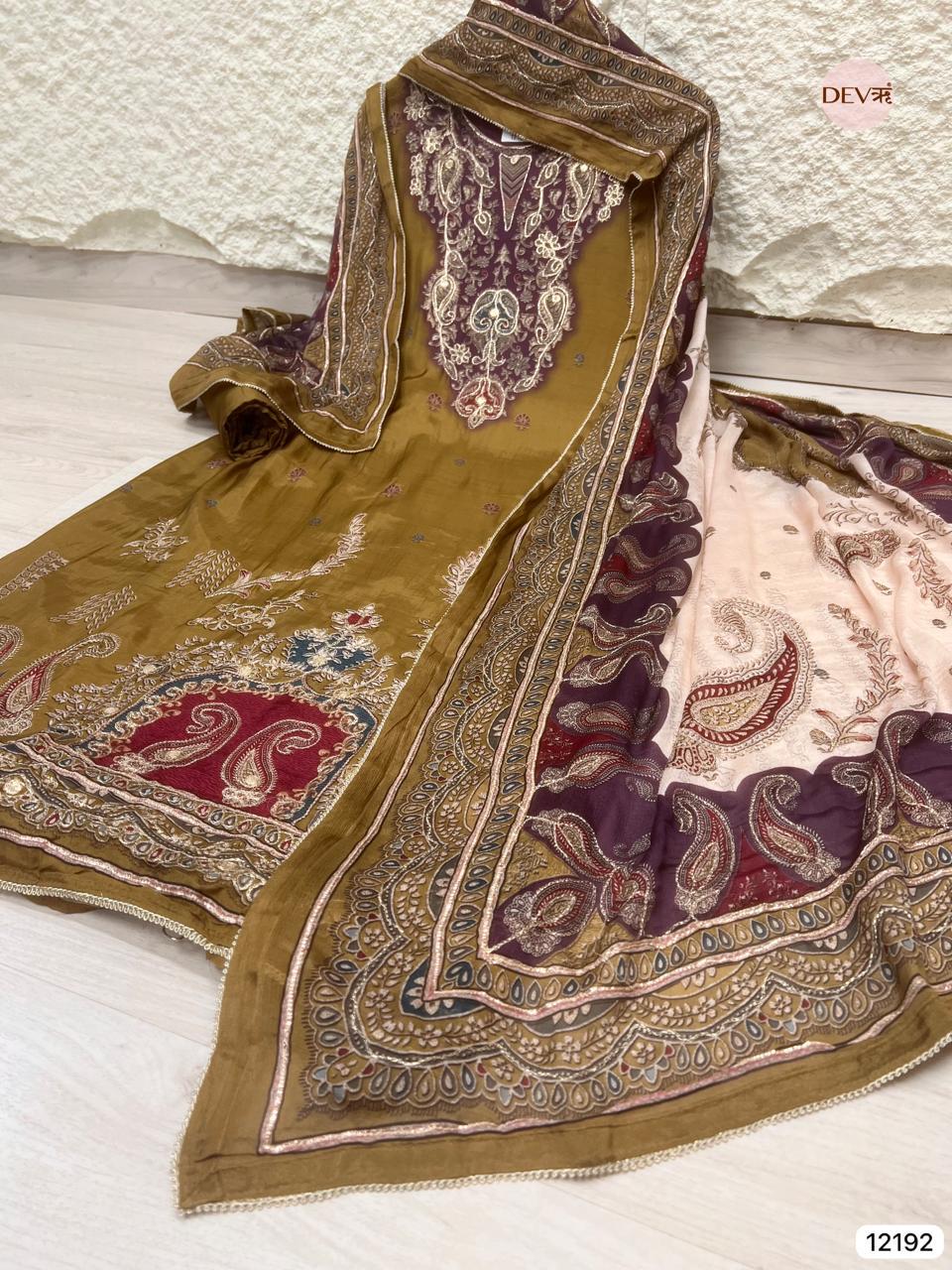 Olive Muslin Embroidered Unstitched 3-Piece Suit (Devri – D.No 12192)
