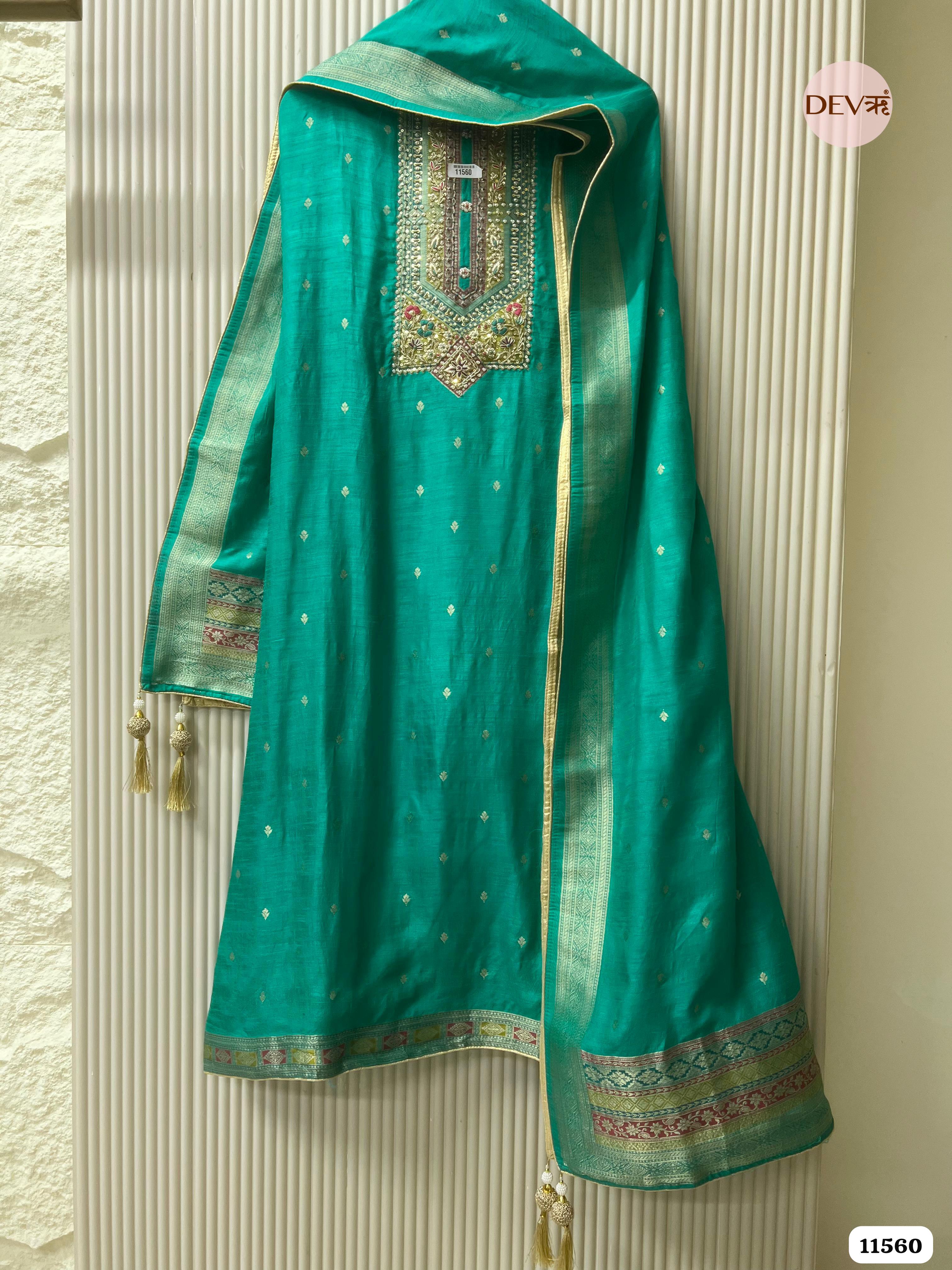 Green Silk Banarasi Weave Unstitched Hand Embroidered -Set Of 3 {11560}