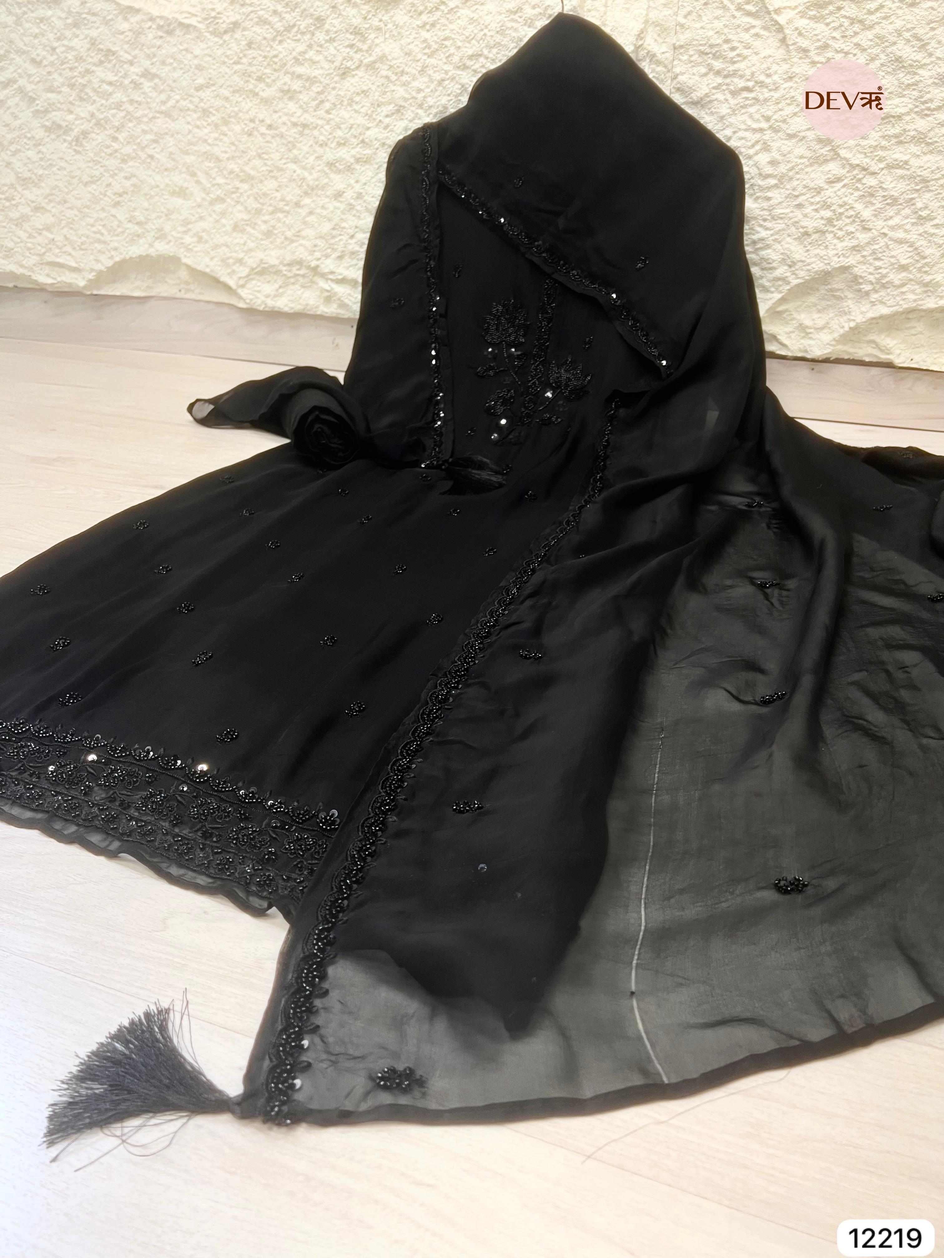 Elegant Black Organza Hand-Embroidered Unstitched 3-Piece Suit (Devri – D.No 12219)