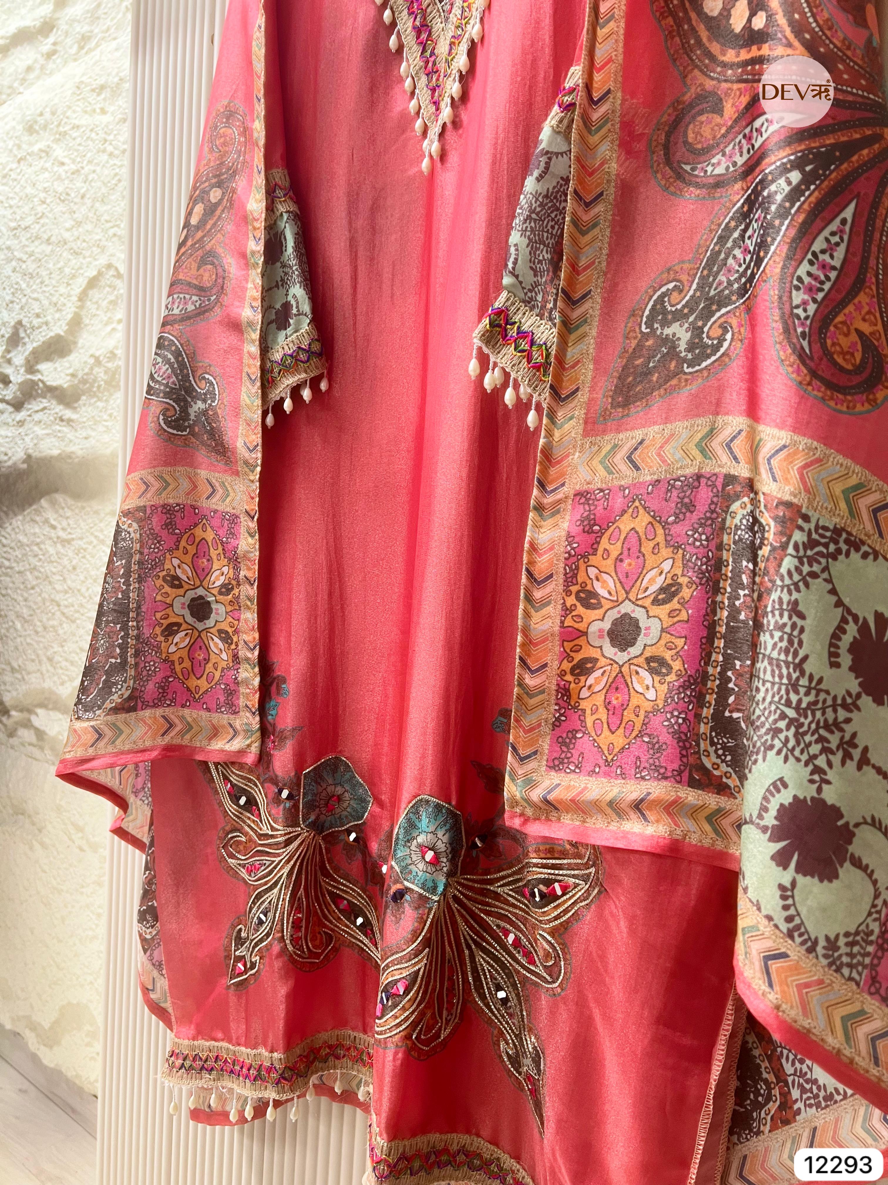 Coral Pink Shimmer Silk Printed Unstitched 3-Piece Suit (Devri – D.No 12293)