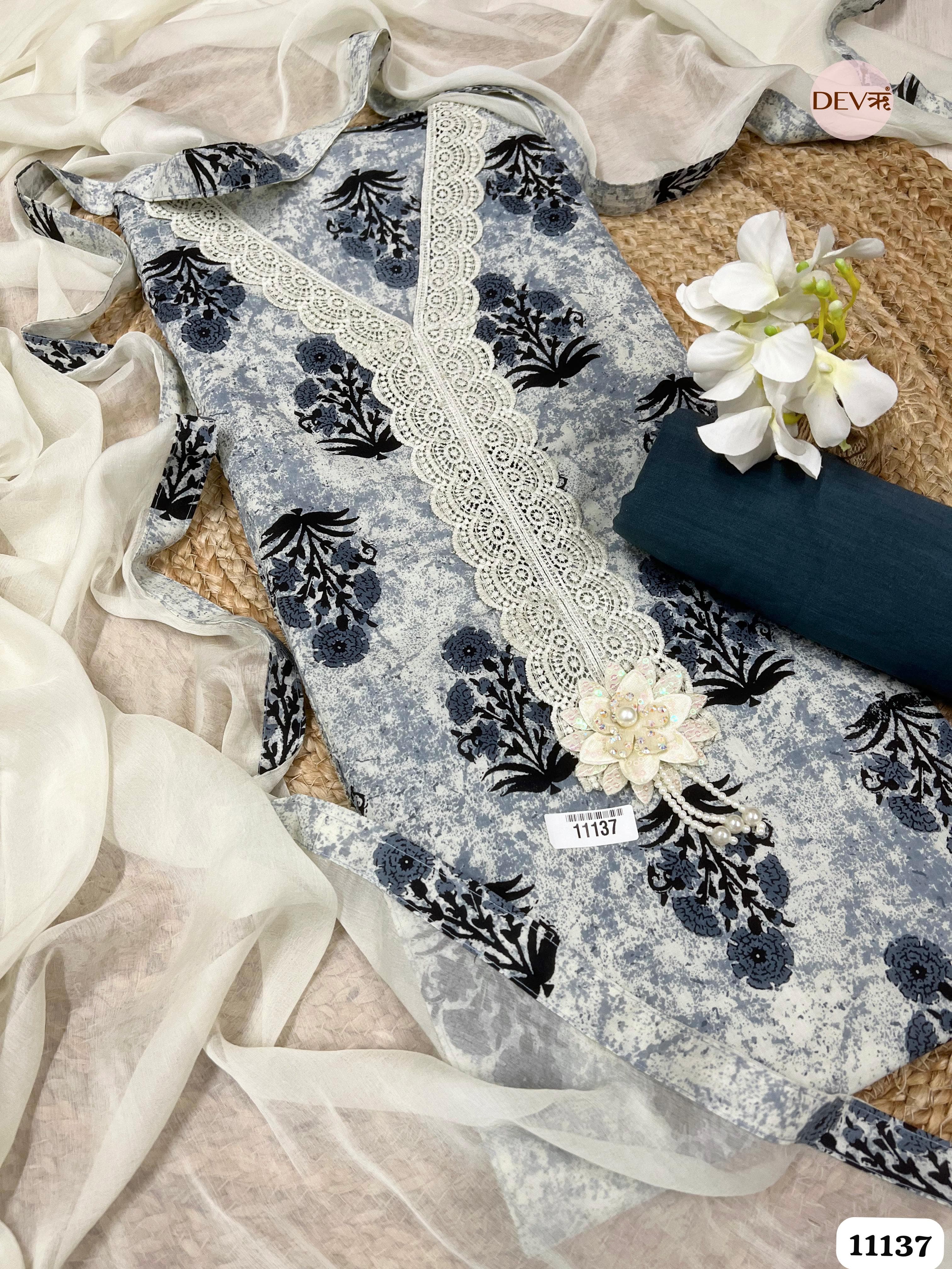 Black/White Cotton Unstitched Printed -Set Of 3 {11137}