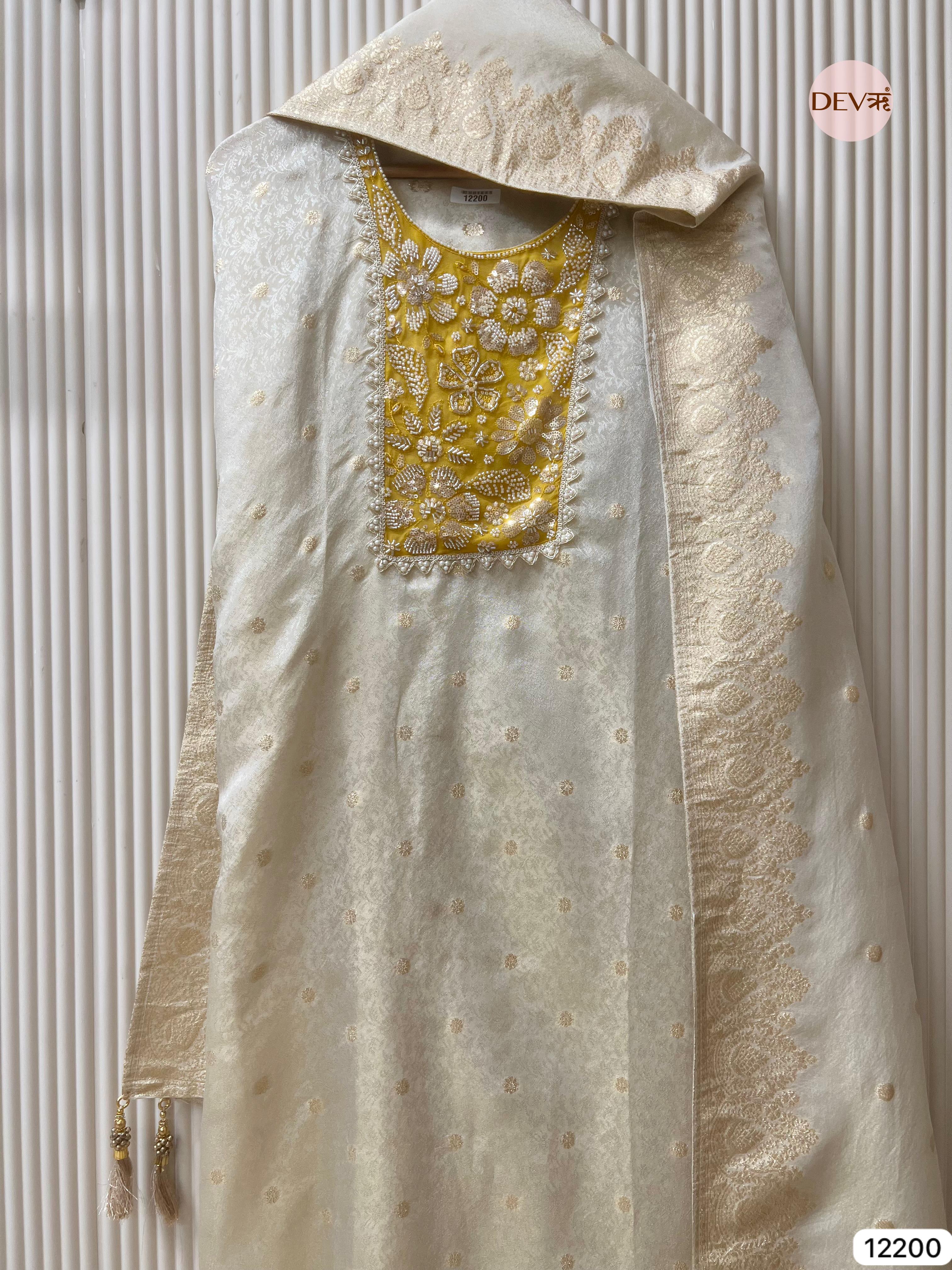 Off white Pure Shimmer Silk Unstitched Banarasi Woven -Set Of 3- {12200}