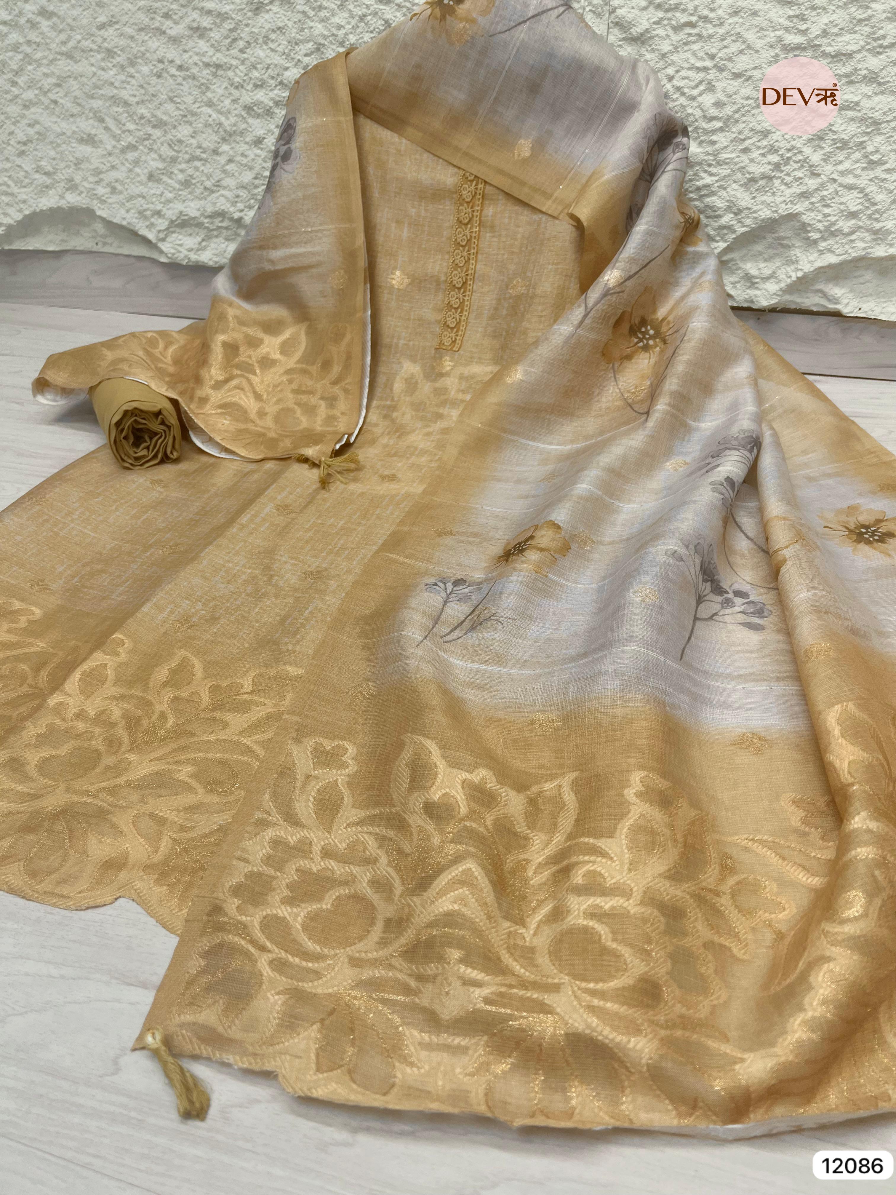 Golden Pure Raw Unstitched Silk Thread Woven Embroidered -Set Of 3 - {12086}