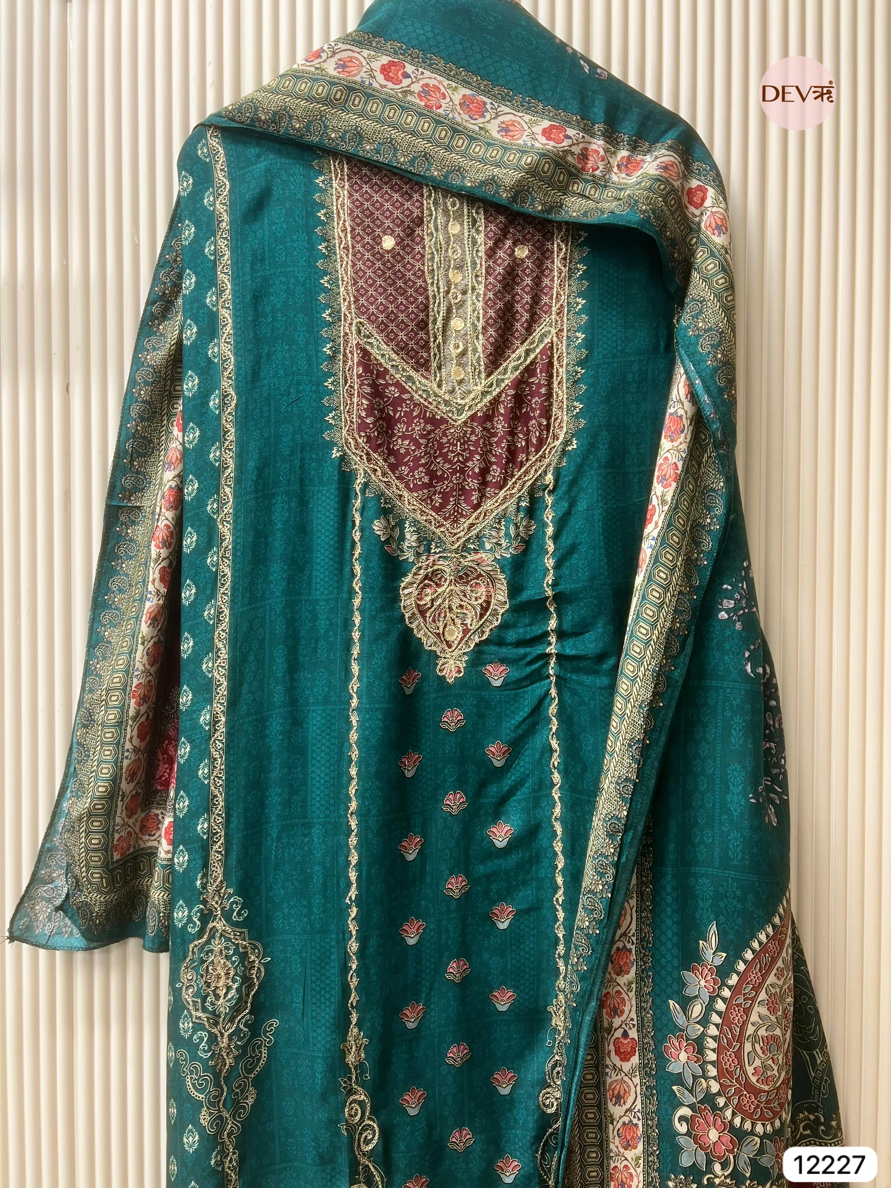 Teal Pure Muslin Printed Unstitched 3-Piece Suit (Devri – D.No 12227)