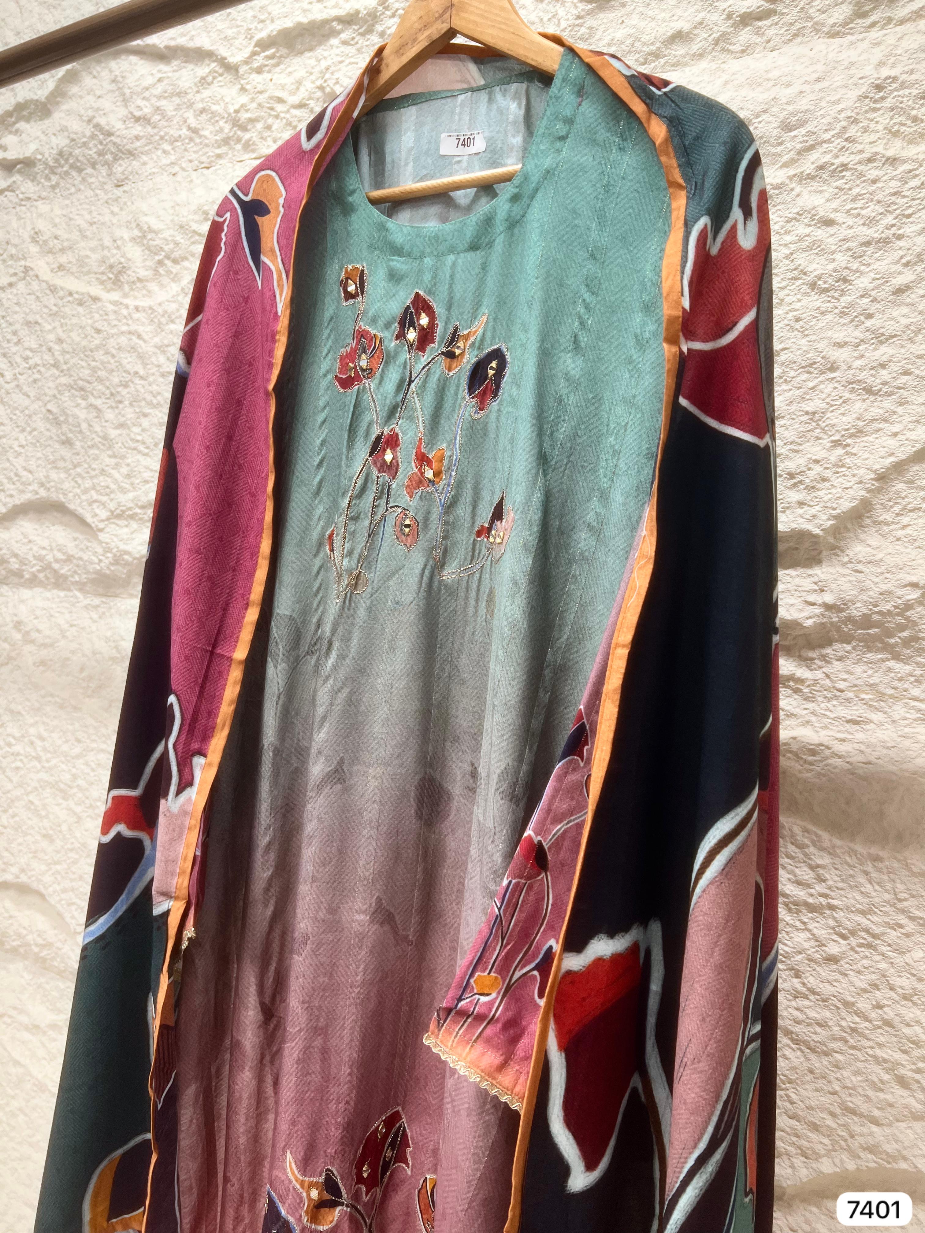 Kavya Muslin Ombre Printed Teal &amp; Mauve 3-Piece Set (Devri – D.No 7401)